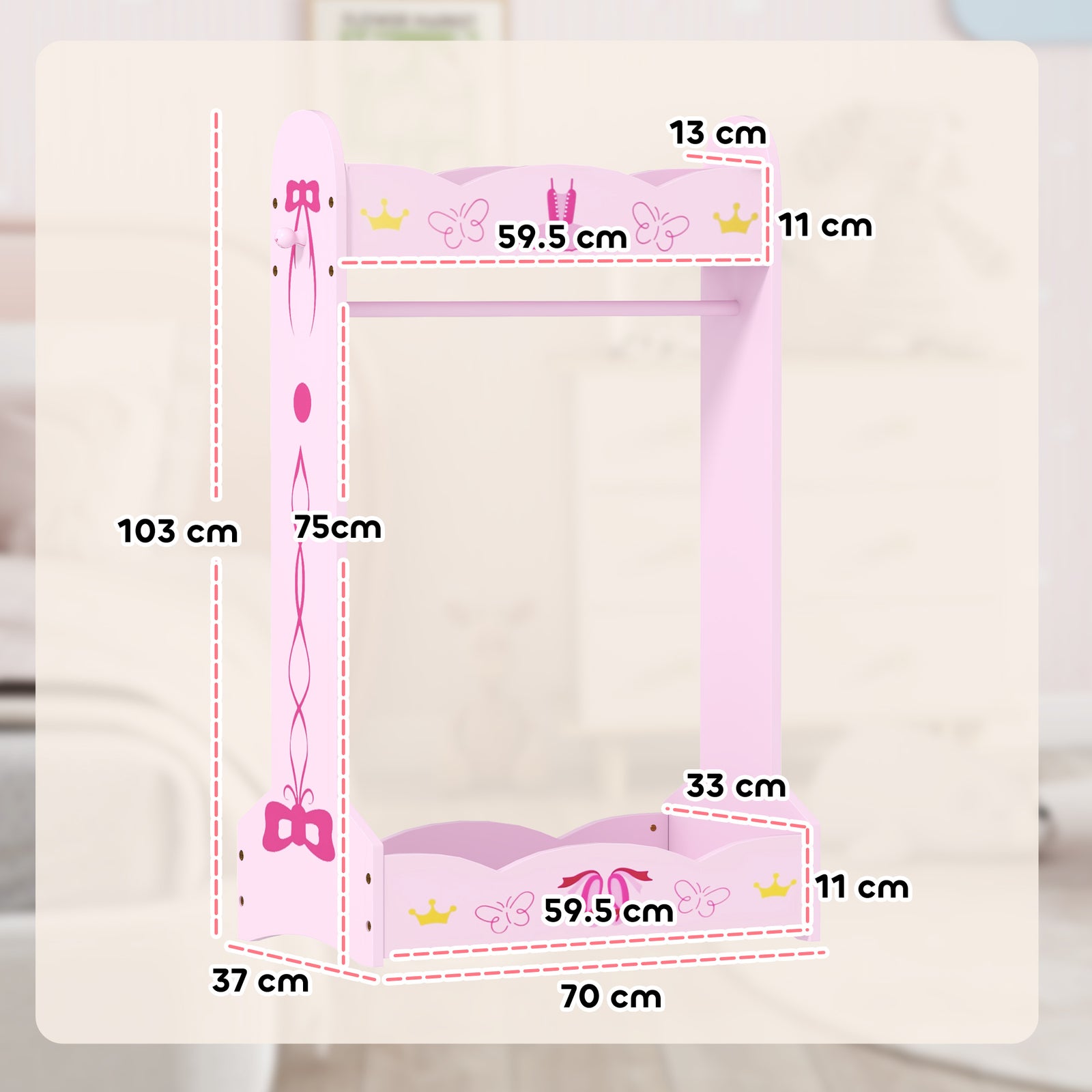 Kids Clothes Rail, Dress Up Rail W/ 2 Storage Shelves, 70 X 37 X 103cm | Pink