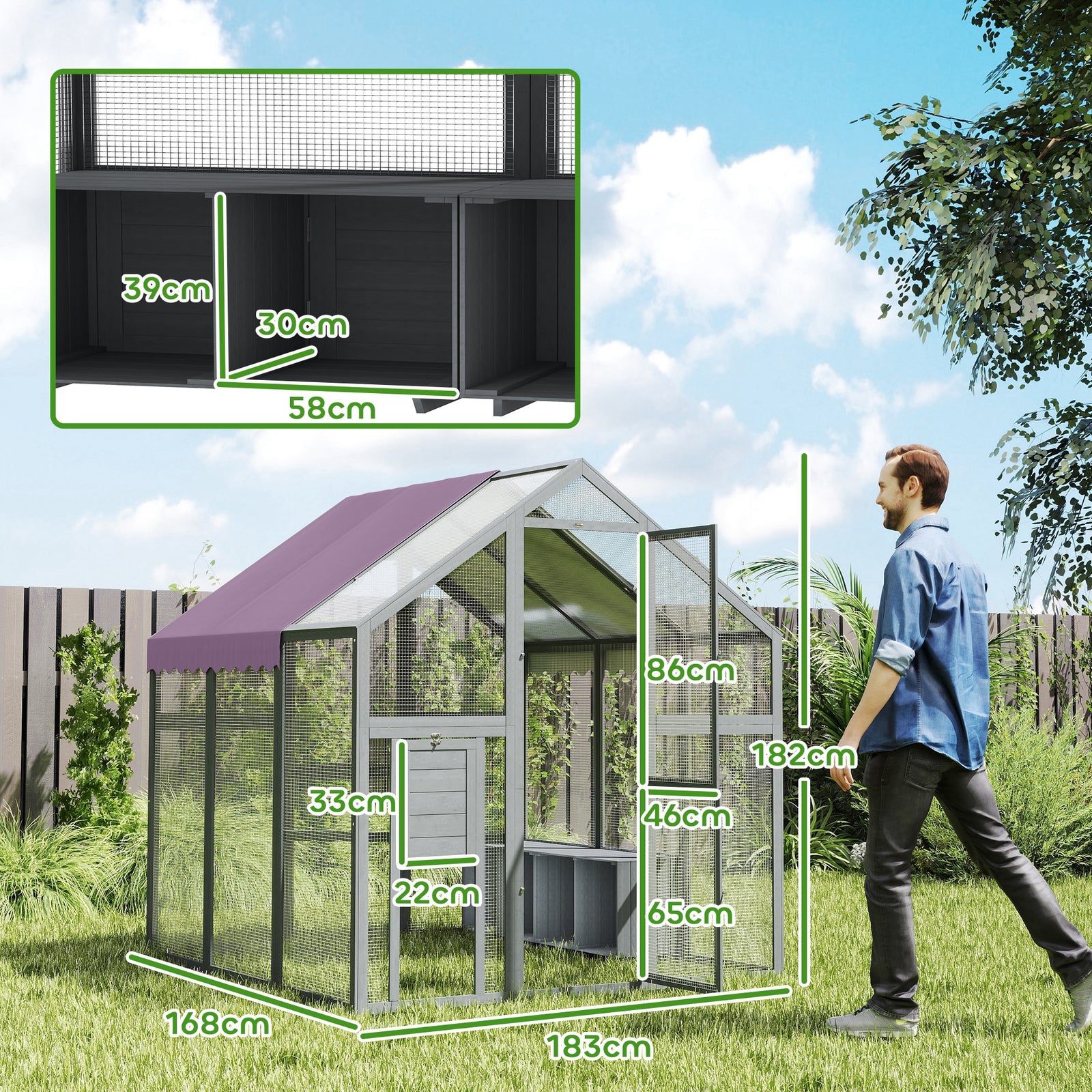 Large Chicken Run, Walk In Chicken Coop With Waterproof Cover, 1.7 X 1.8 X 1.8 M
