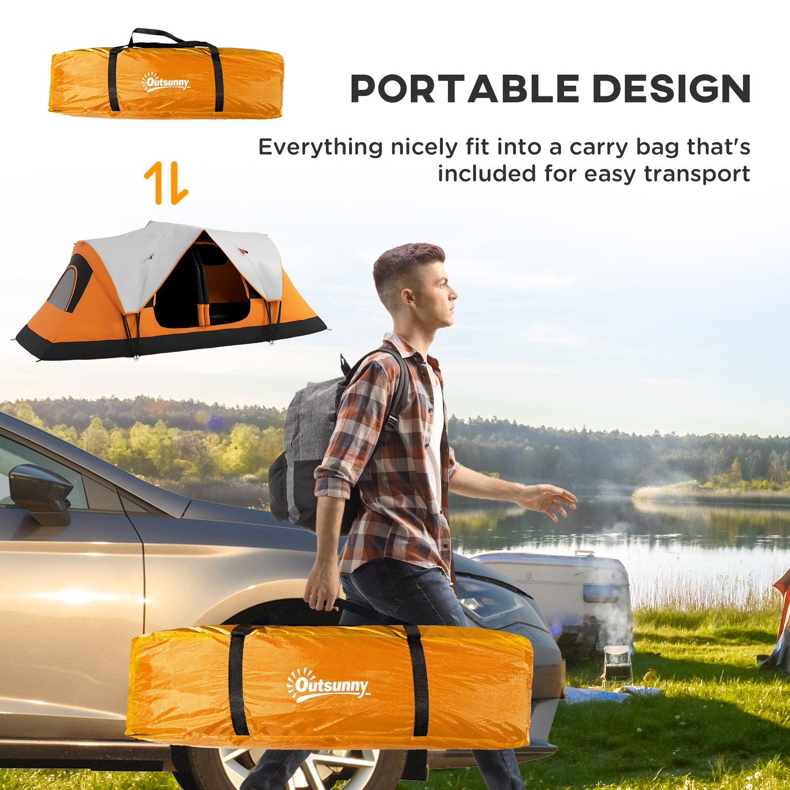 2 Room Camping Tent With Waterproof Rainfly & Screen Panels | Orange