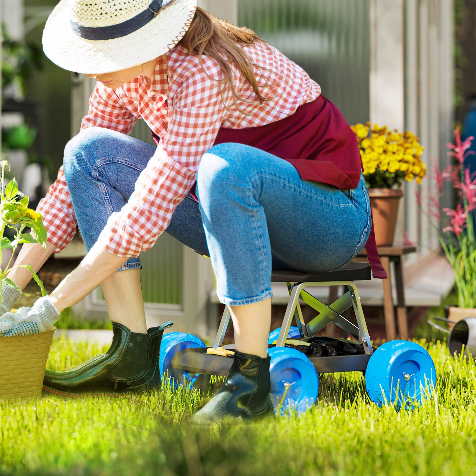 Garden Cart With Wheels, Tool Tray For Weeding, Planting | Blue