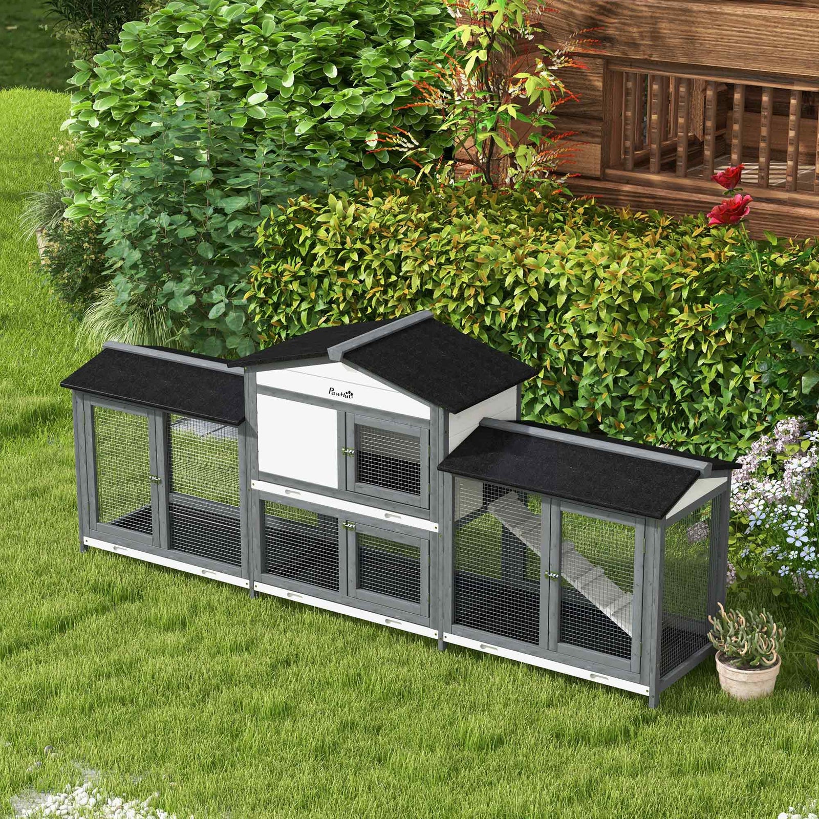 Two-tier Wooden Rabbit Hutch Guinea Pig Hutch W/ Two Runs, Slide-out Tray, Ramp