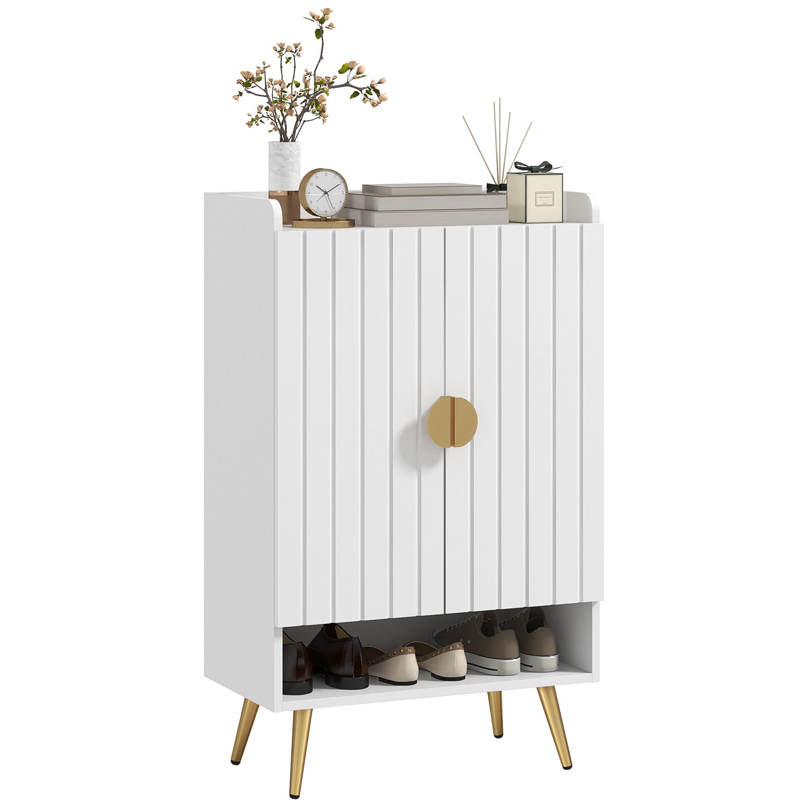 Shoe Storage Cabinet With Beadboard Doors For 15 Pairs | One Size | White