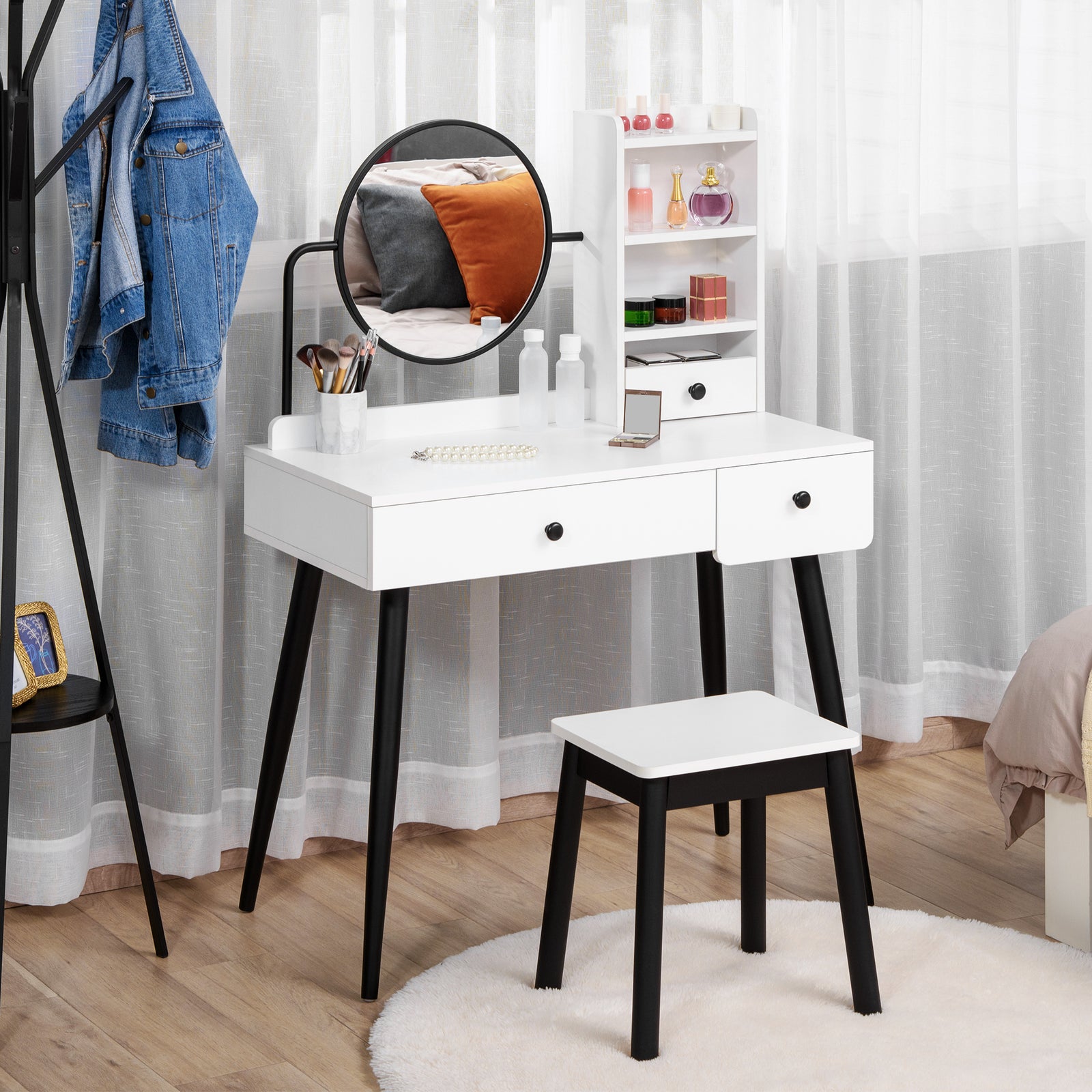 Dressing Table Set With 3 Drawers, Storage Shelves And Stool | One Size | White