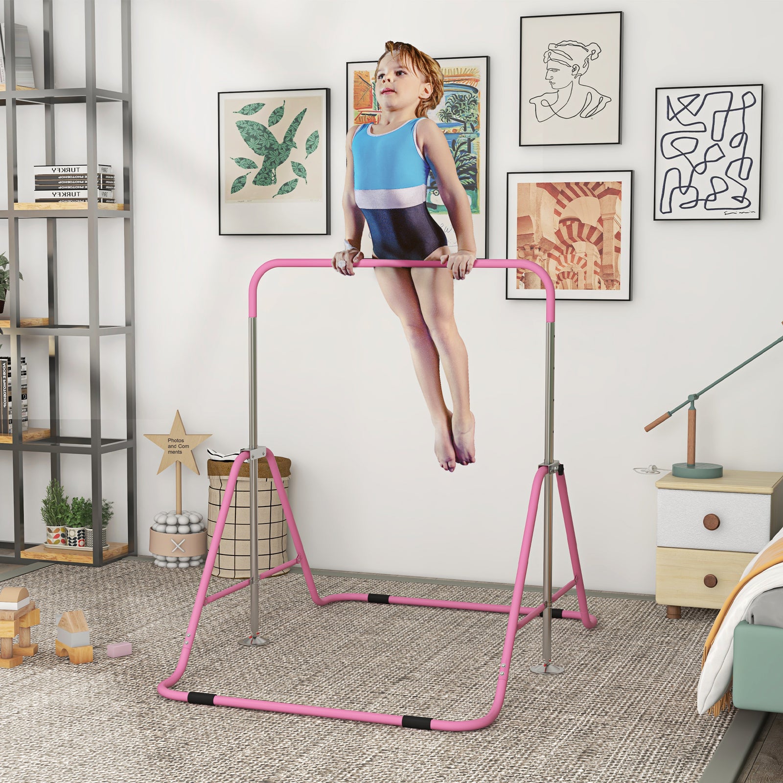 Kids Gymnastic Bar W/ Adjustable Height, Foldable Training Bar | Pink