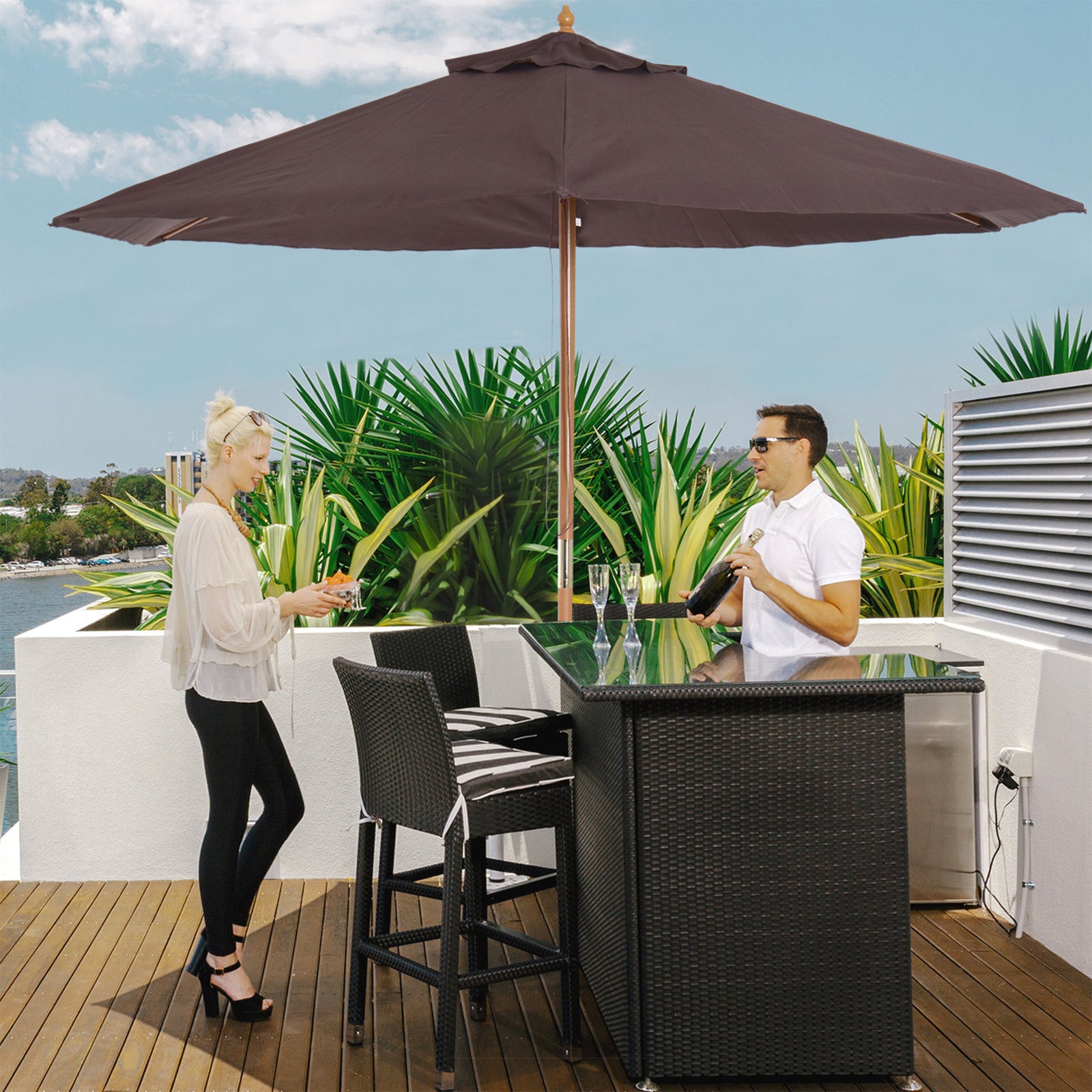 2.5m Wood Garden Parasol Sun Shade | Coffee