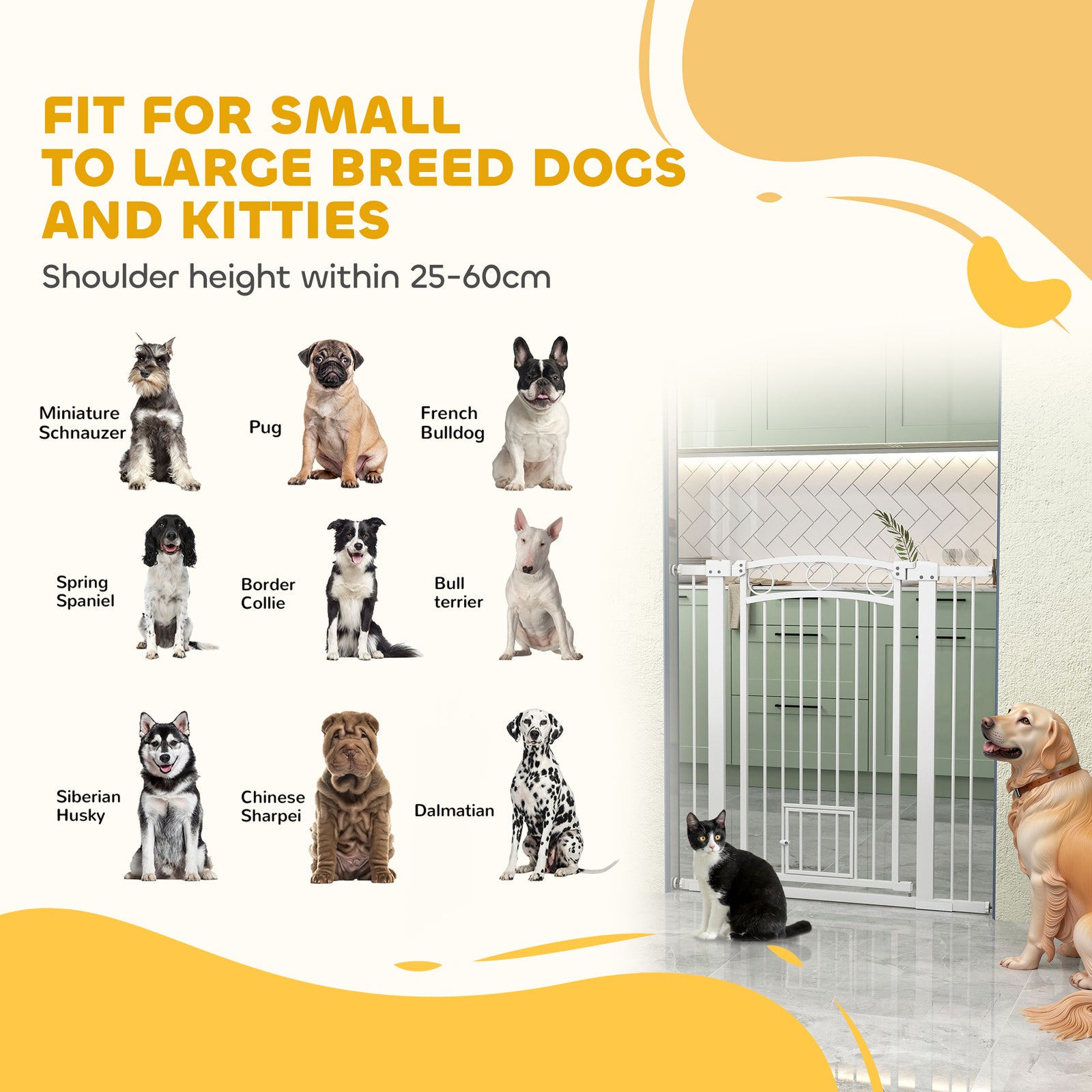 Pawhut Stair Gate With Cat Door, Adjustable Width 76-104cm & 77/96/106cm Tall | White