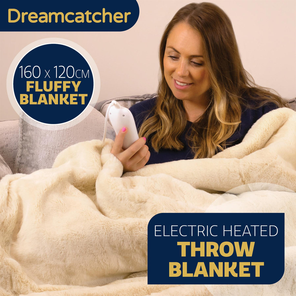 Heated Throw Faux Fur Electric Blanket 160 X 130cm Thermal Blanket & Timer 9 Heat Settings | Double | Cream
