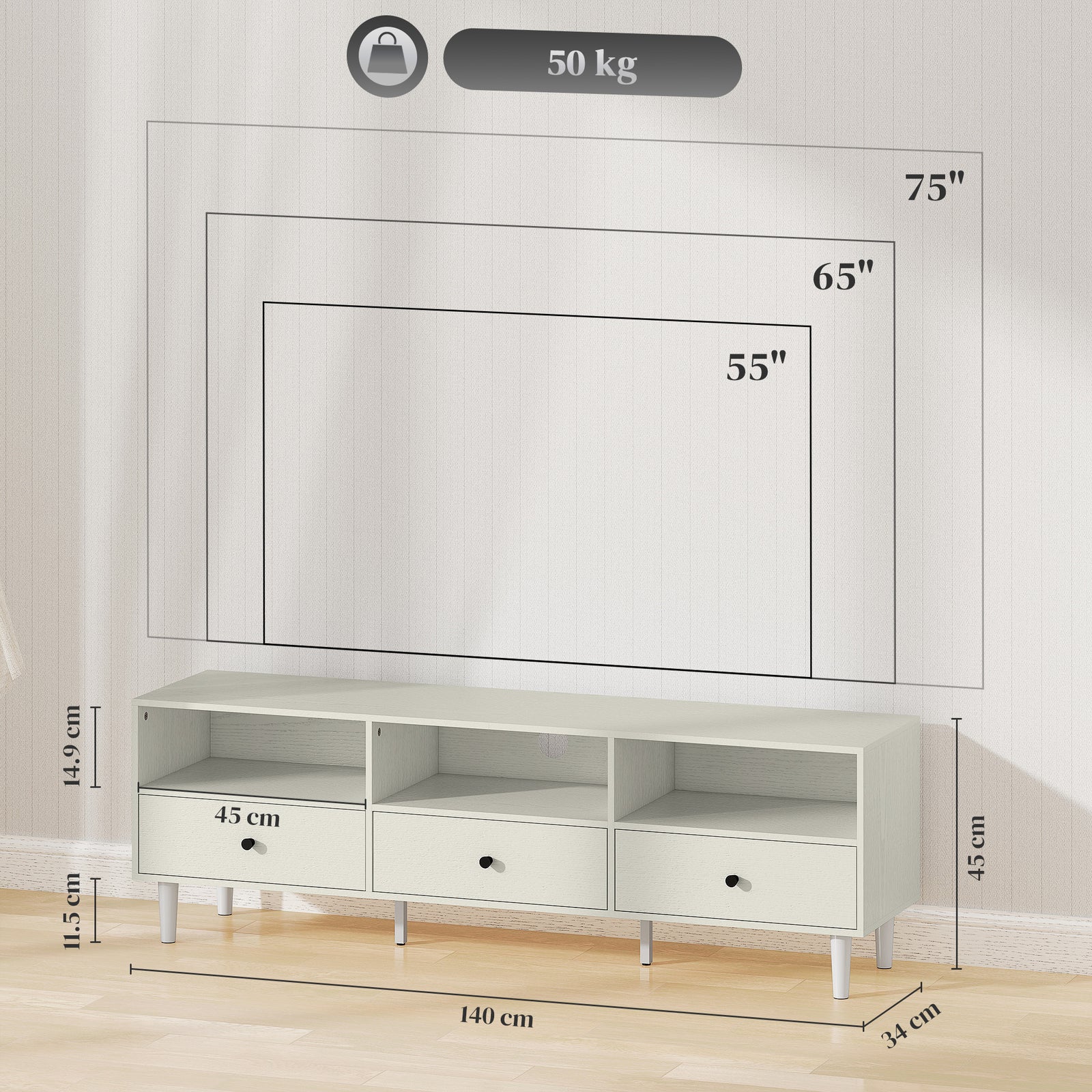 Tv Unit, Tv Cabinet For Up To 75", With Drawers, Shelves