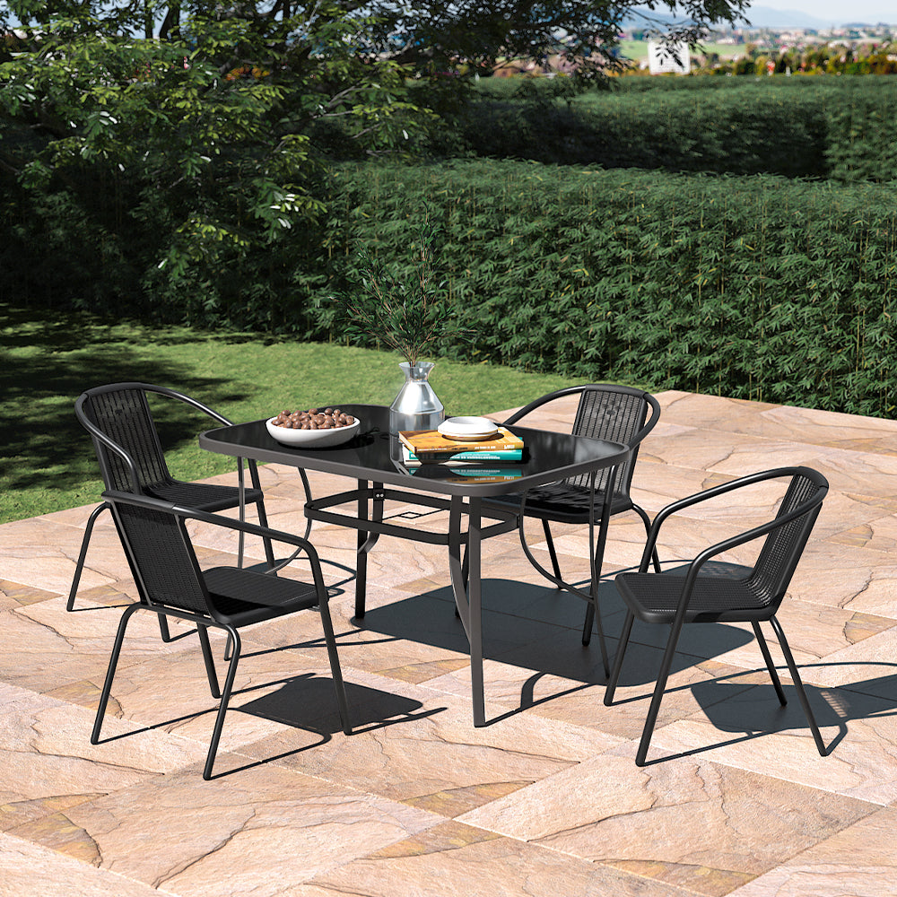 5 Pieces Garden Dining Set Outdoor Tempered Glass Garden Table With Rattan Chairs