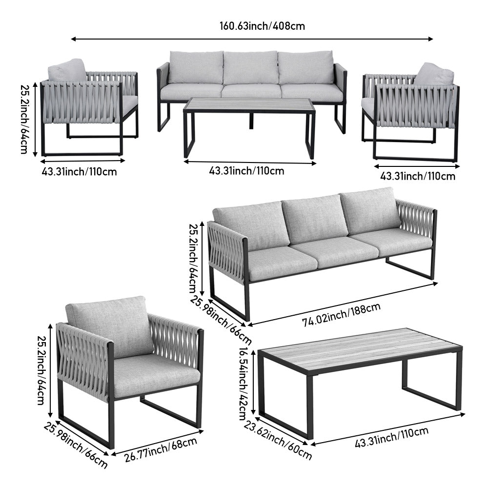 4-piece Garden Furniture Set With Sofa, 2 Armchairs & Table, Galvanised Steel Frame, Rope Weave Design, Weather-resistant Cushions | Light Grey