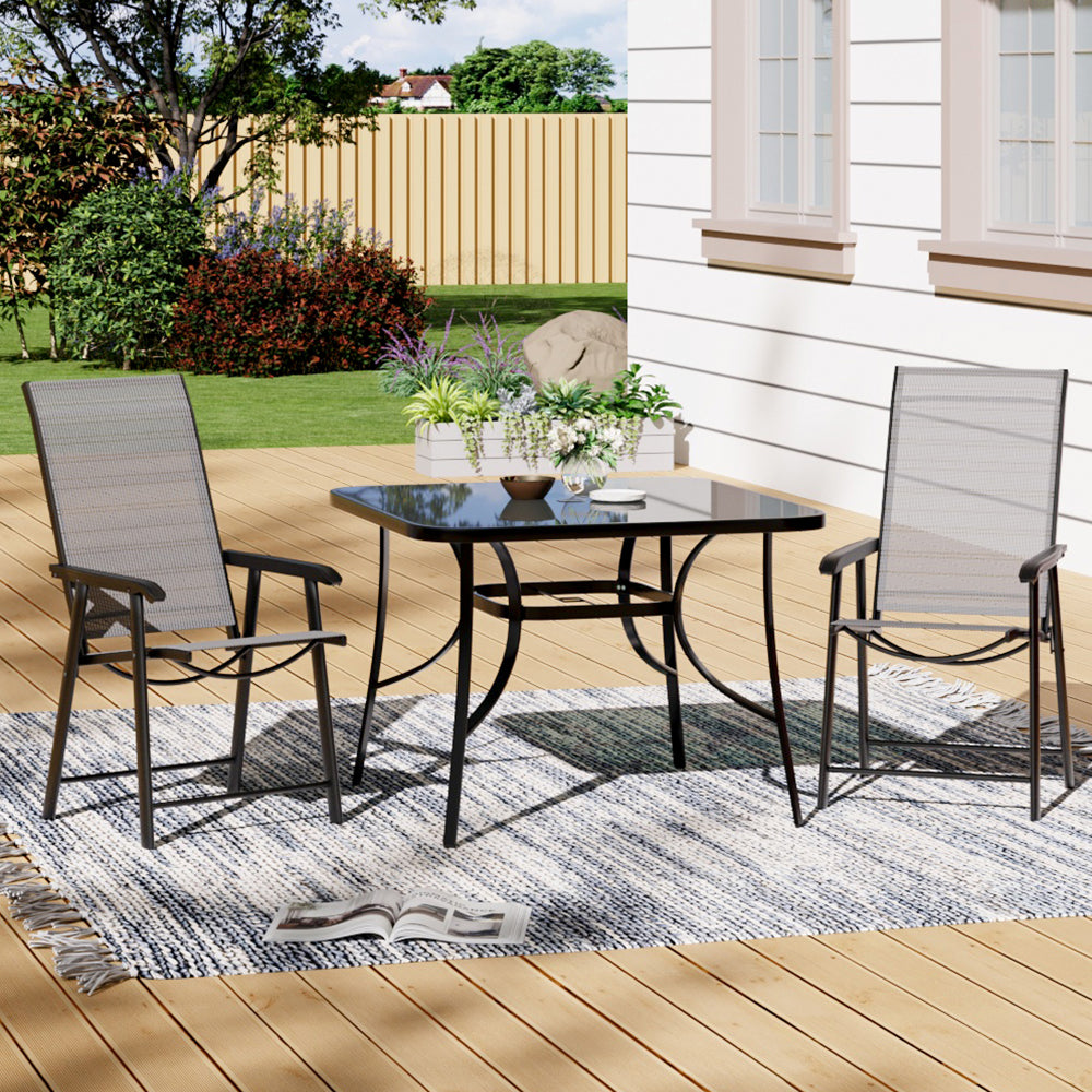3 Pcs Bistro Set Glass Top Tempered Glass Garden Table With Foldable Chairs