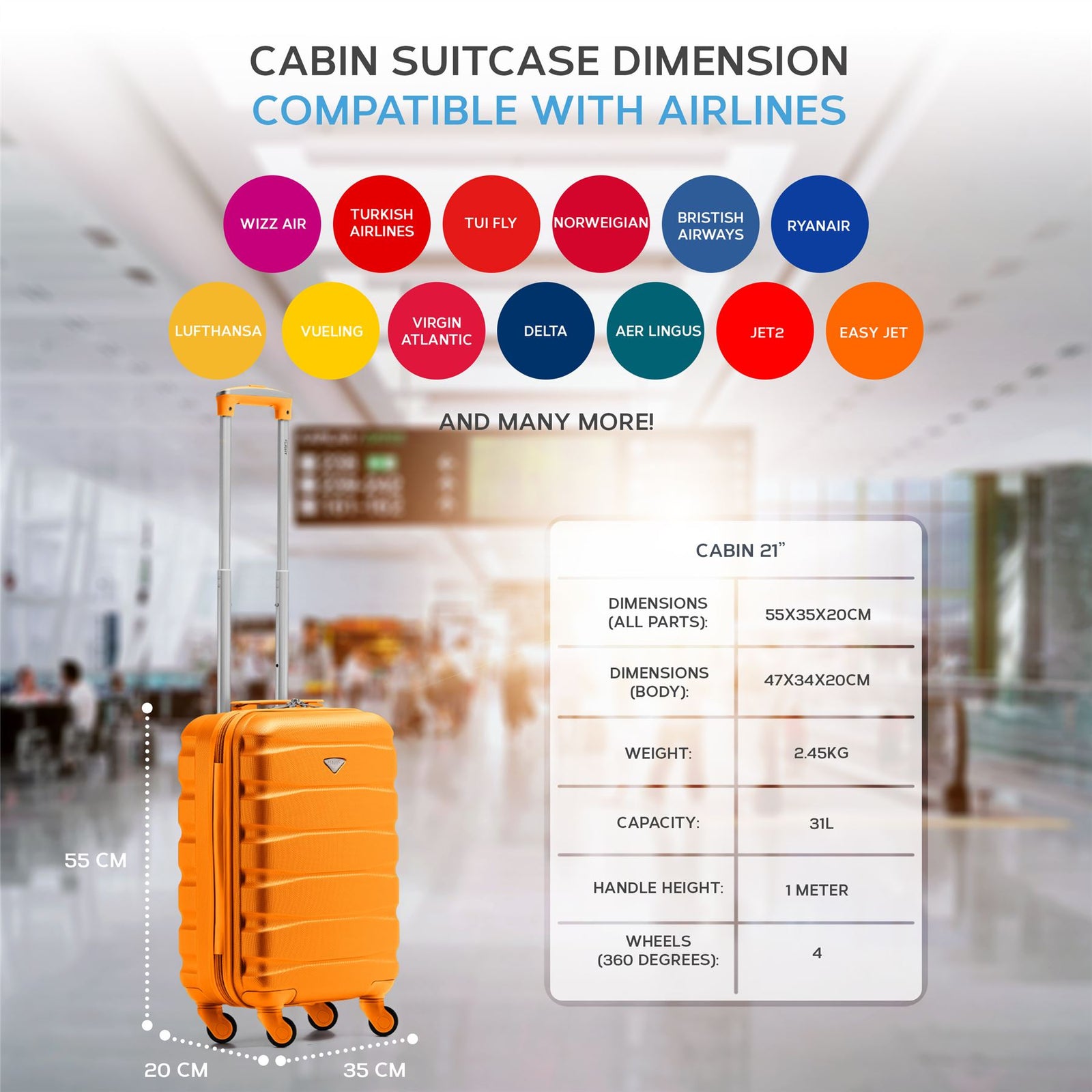 55x35x20cm Cabin Carry On Suitcase Hard Shell Overhead Luggage 100+ Airlines Approved | Cabin | Orange