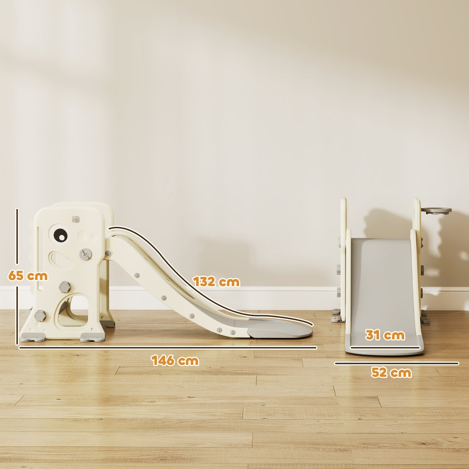 Foldable Kids Slide With Climber, Basketball Hoop, Cream White