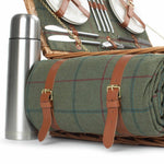 Deluxe Green Tweed Fitted Picnic Wicker Basket | 4-Person | Green
