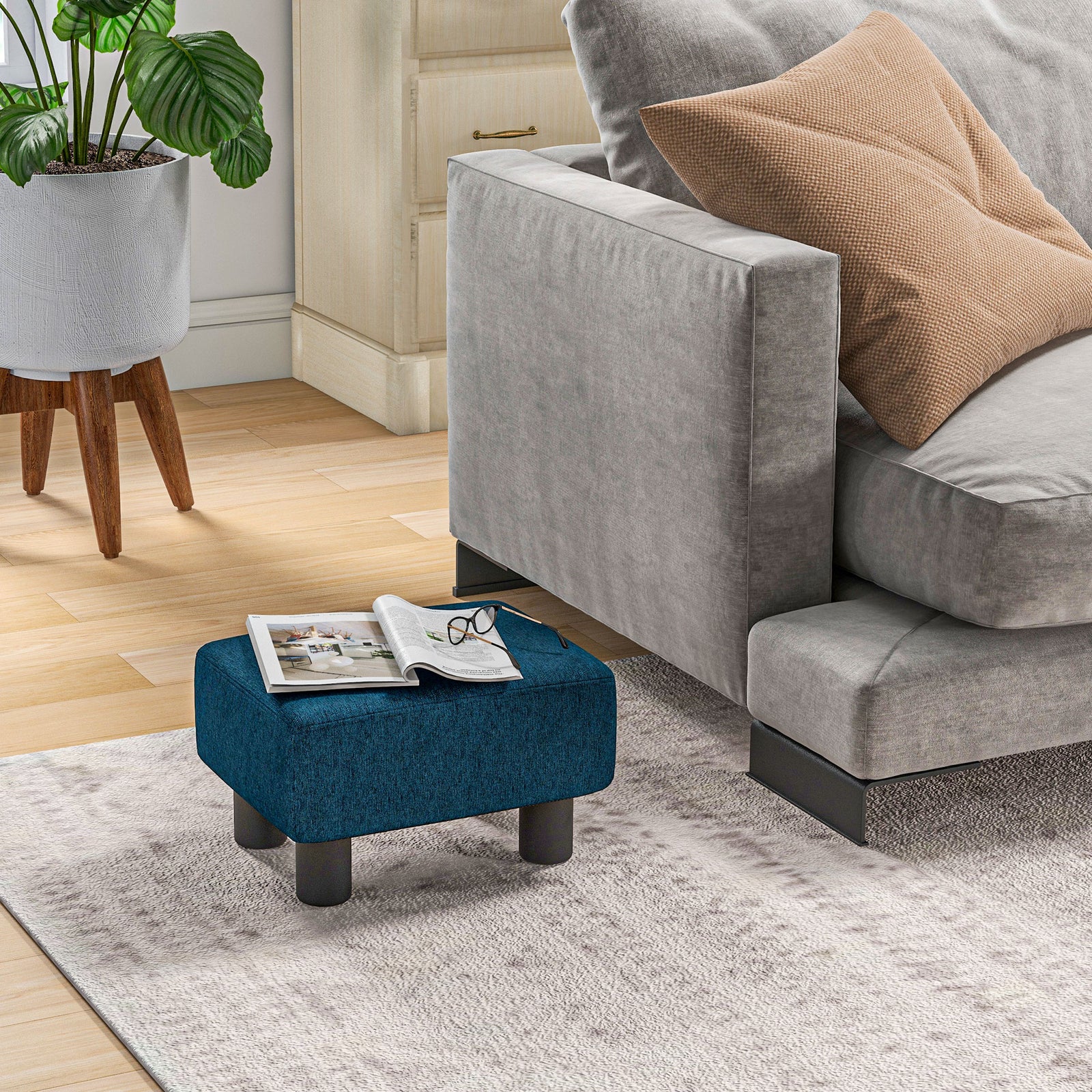 Chic Linen Fabric Footstool Ottoman Cube 4 Plastic Legs | One Size | Blue
