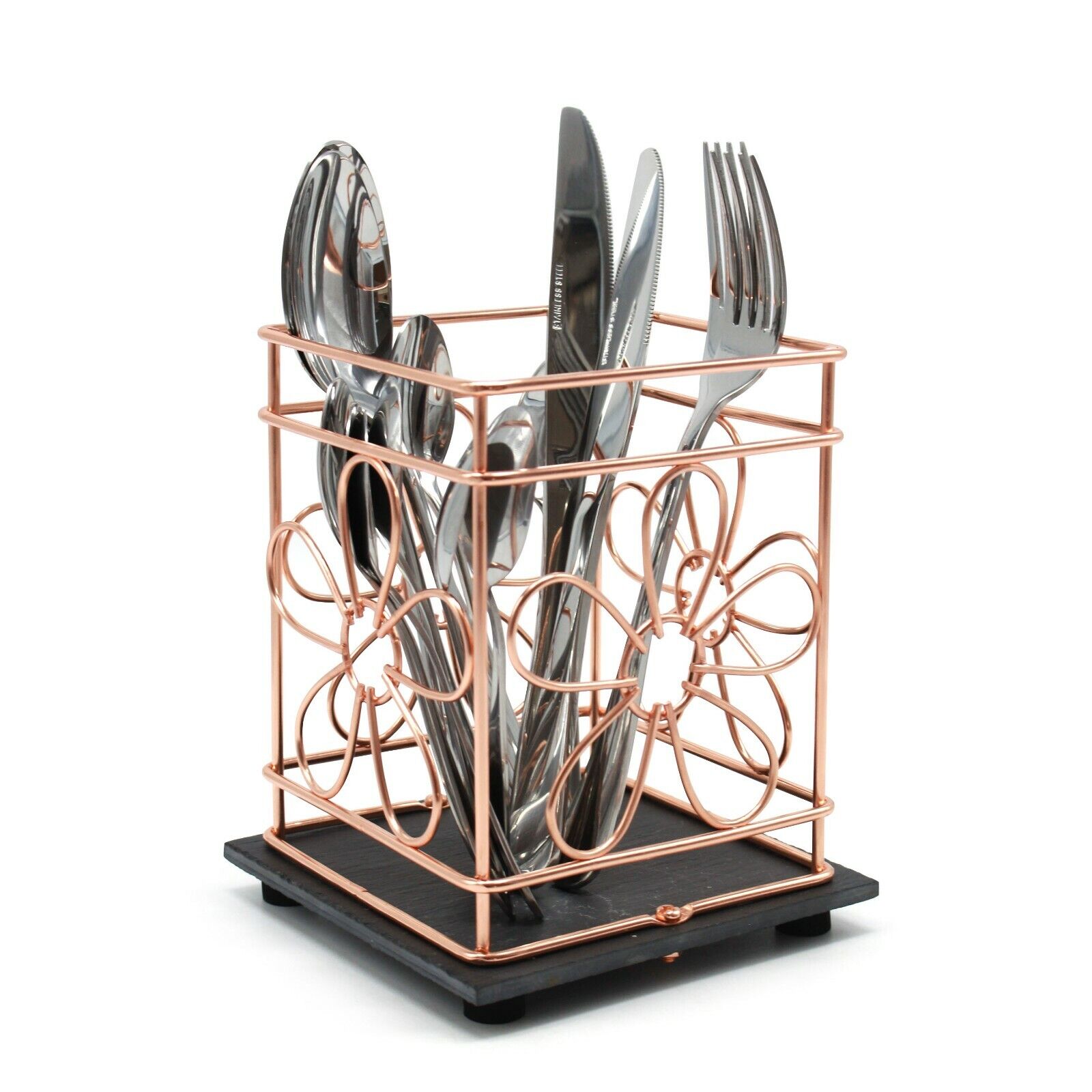 Fruit Bowl Utensil Holder Storage Basket Copper Metal Wire Slate Base