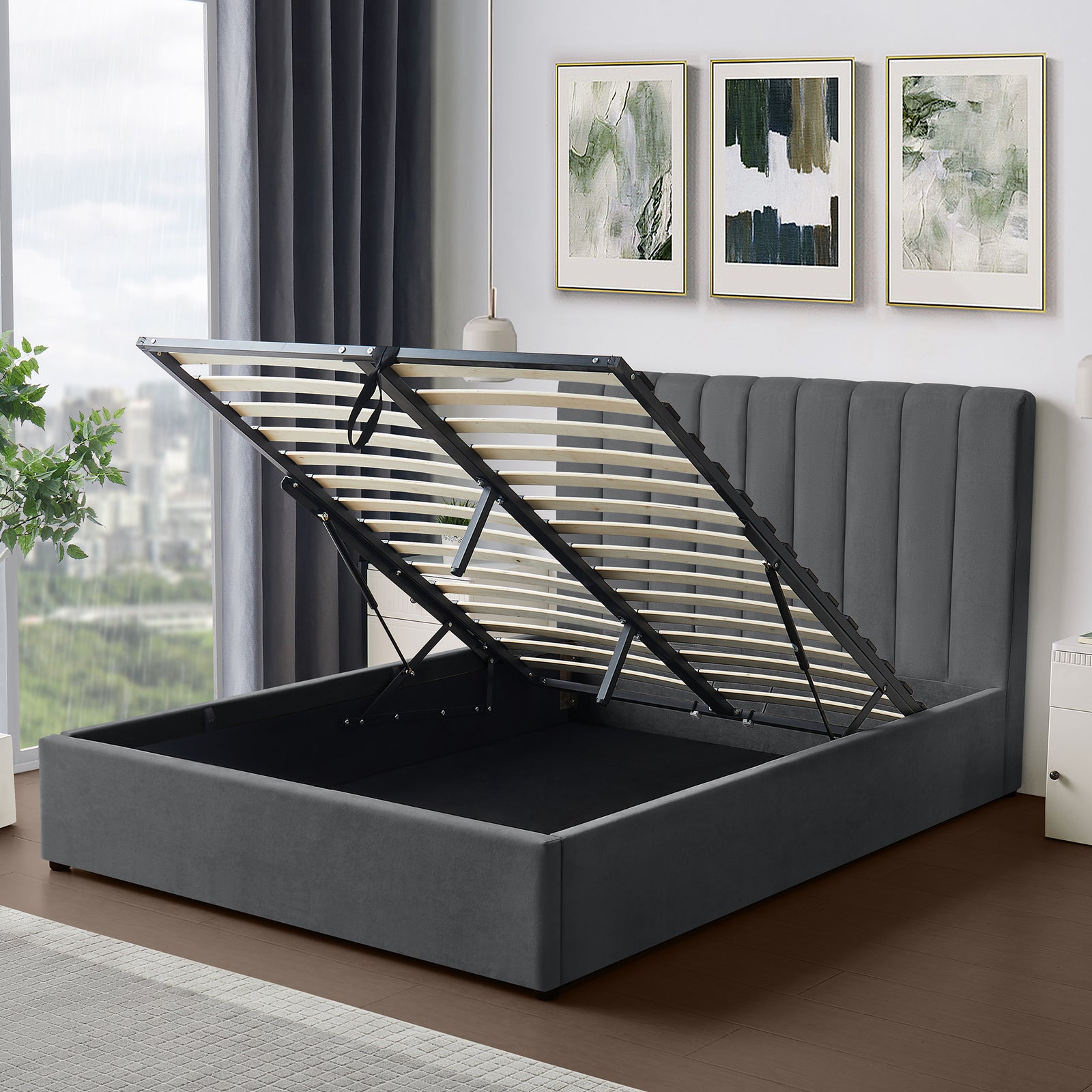 Evelynne Fabric Ottoman Bed Frame With Storage | King | Dark Grey