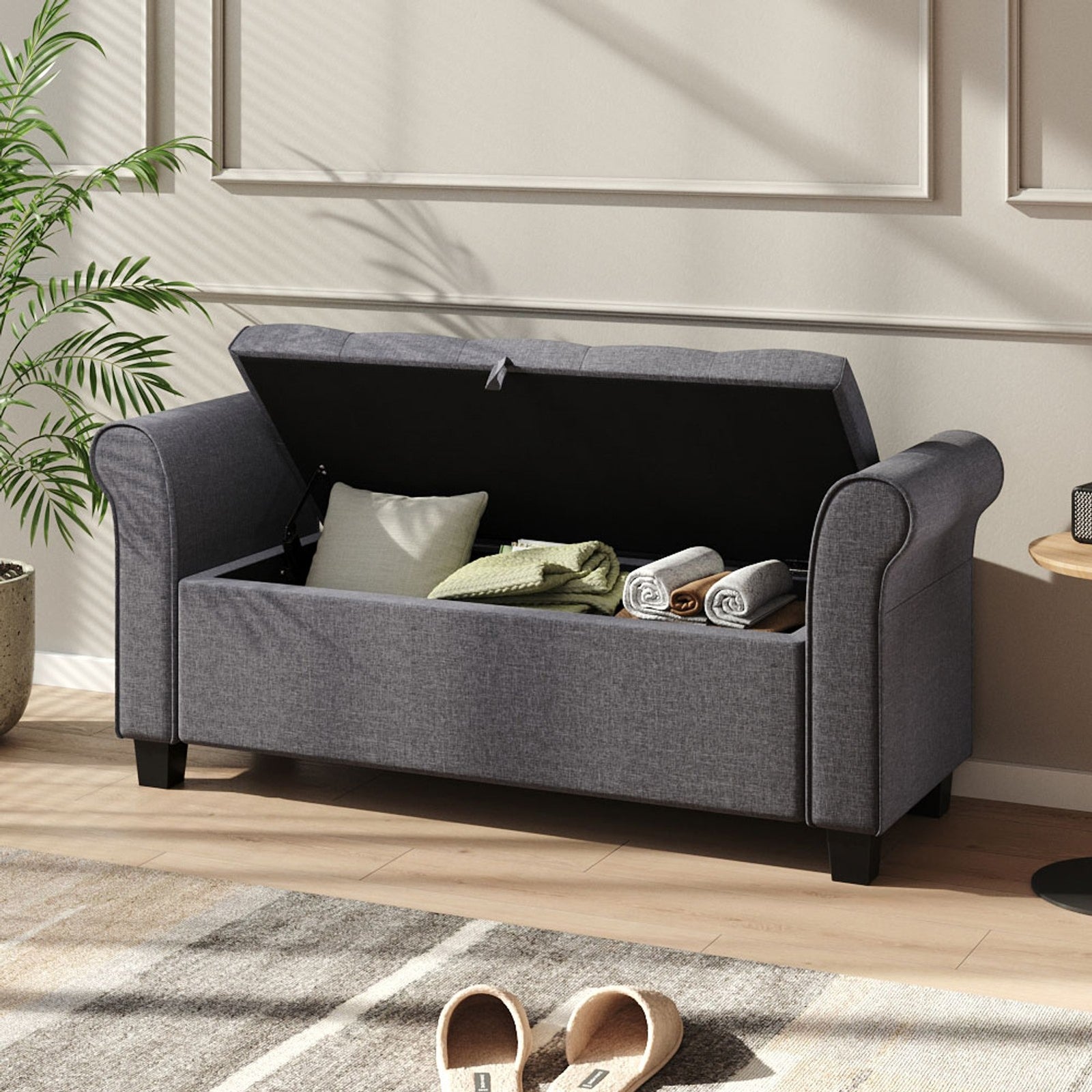 Breeins Modern Linen Upholstered Storage Bench With Armrests