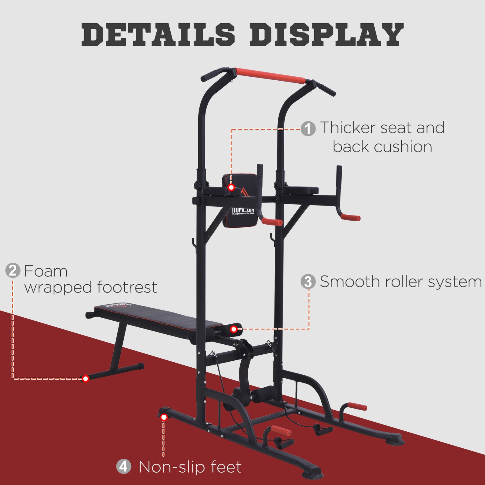 Power Tower Dip Station With Sit-up Bench And Tension Ropes | Black