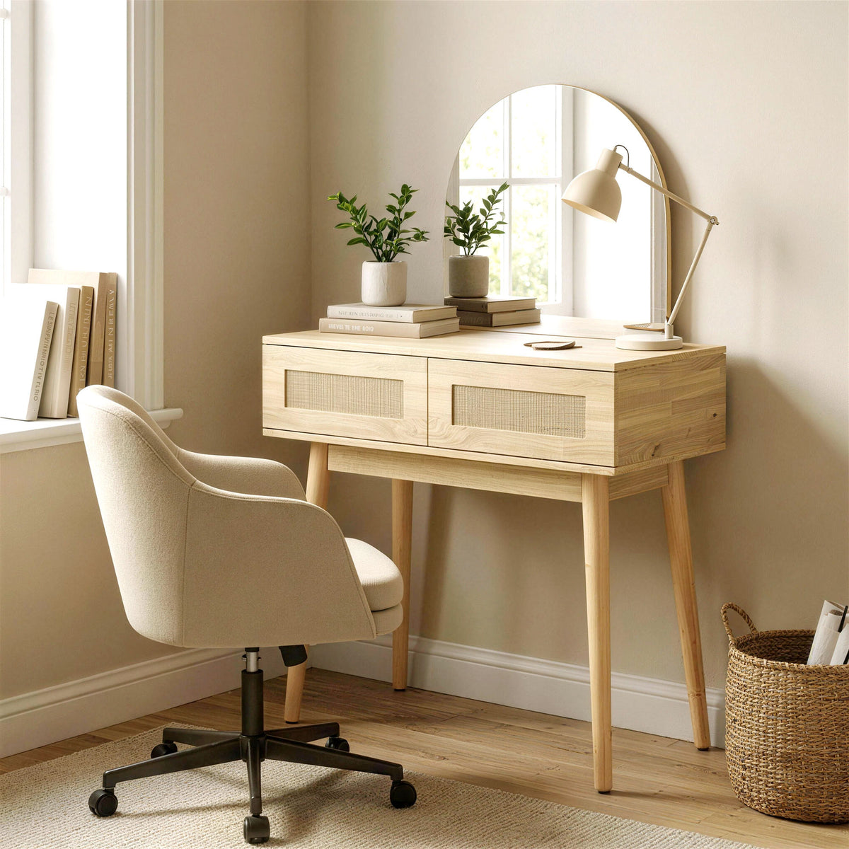 HOMCOM Dressing Table, Vanity Desk W/ Mirror, 2 Drawers, Natural Wood Finish