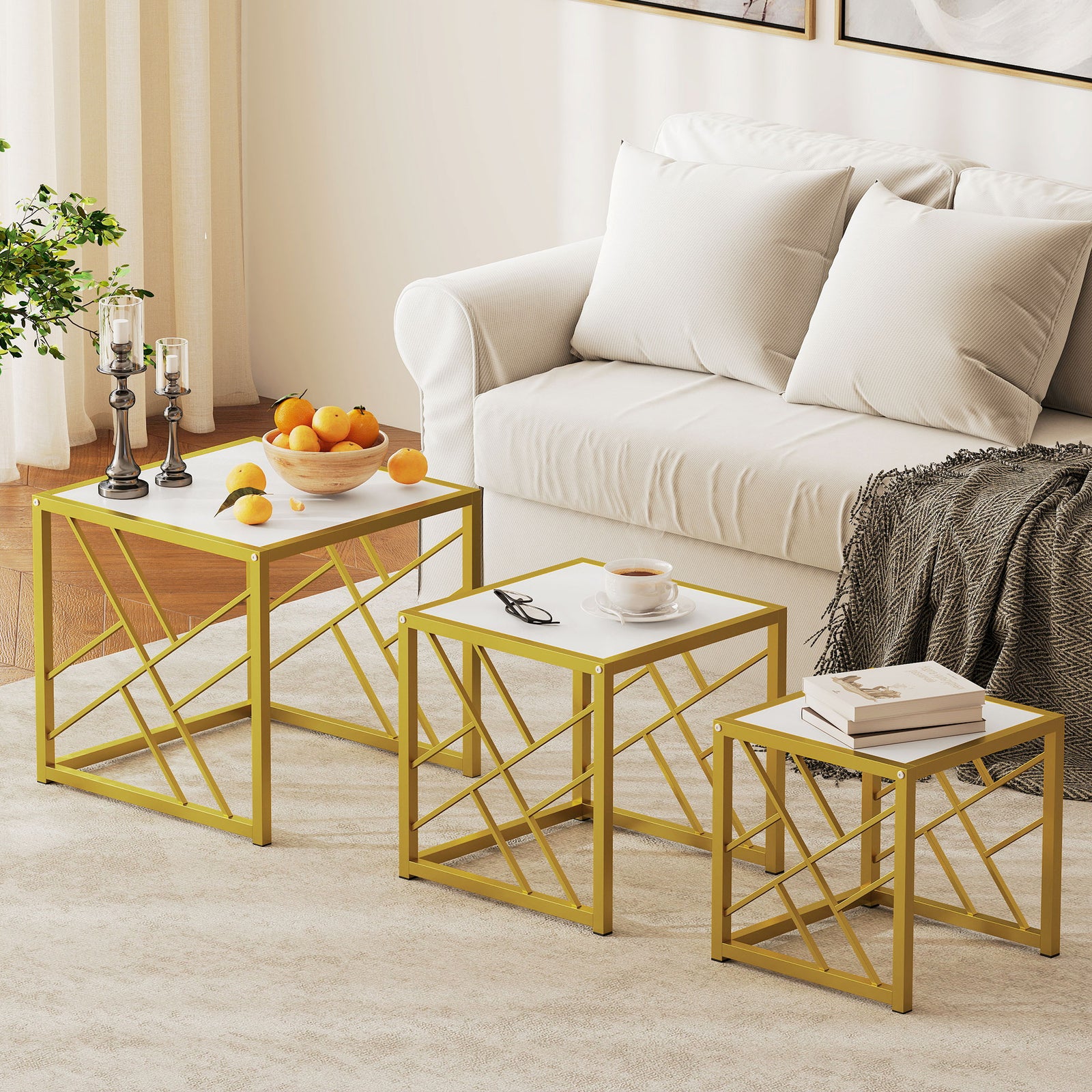 HOMCOM Set Of 3 Nesting Coffee Tables Square End Tables W/ Metal Frame White