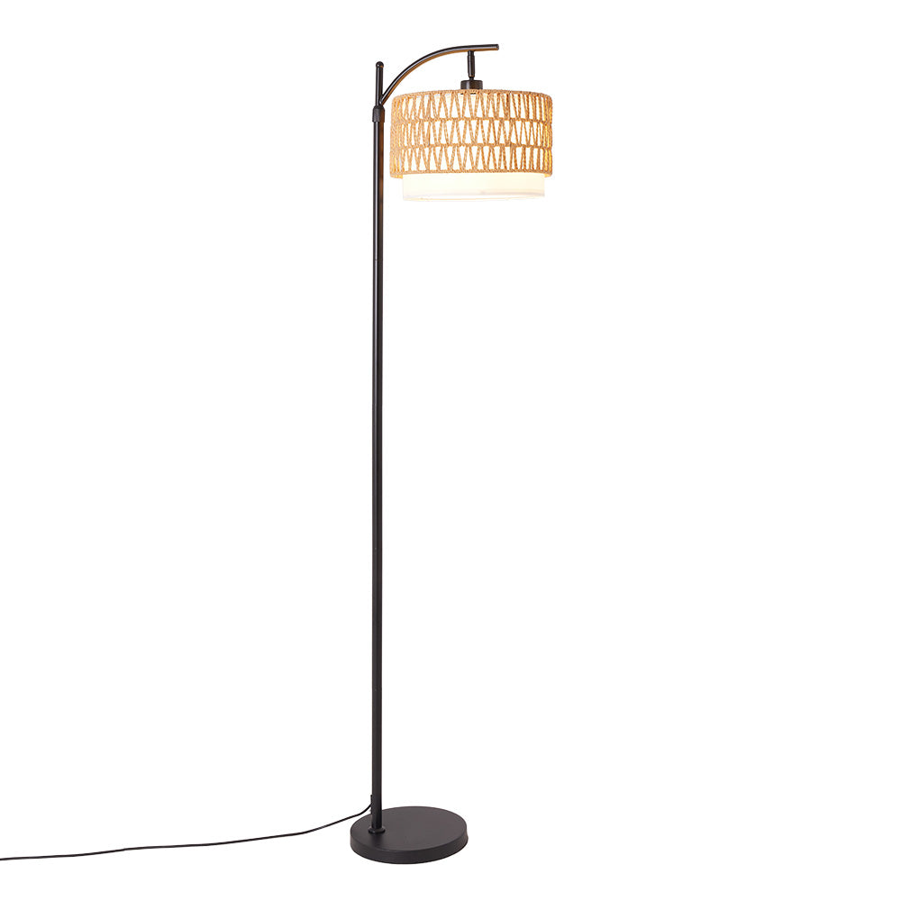Hand-Woven Rattan and Fabric Floor Lamp – Adjustable Height Standing Light with Dual Lampshades for Warm and Modern Home Ambience