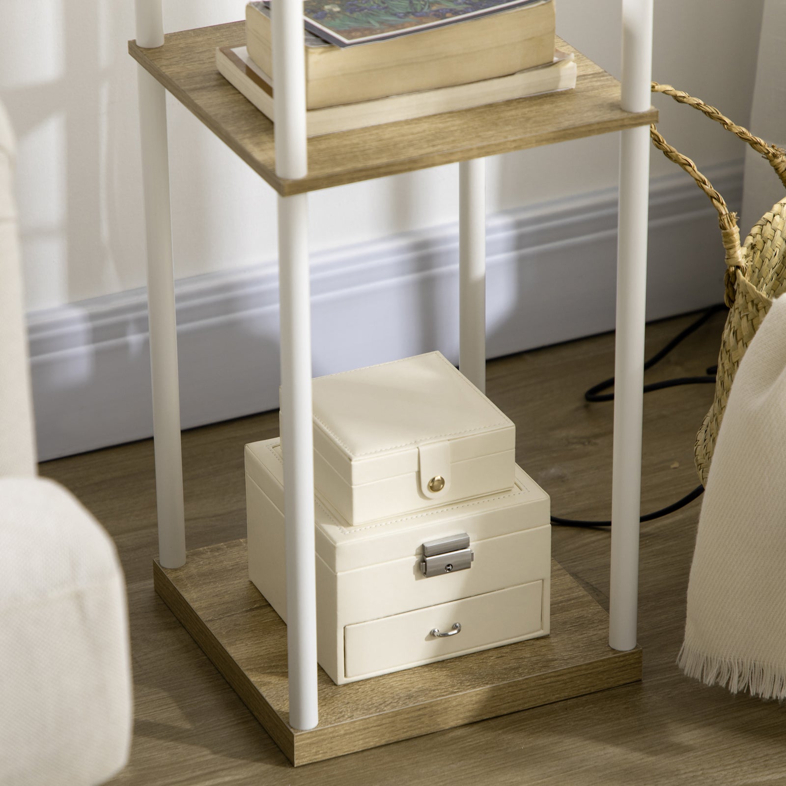 Modern Floor Lamp With Shelves And Fabric Lampshade