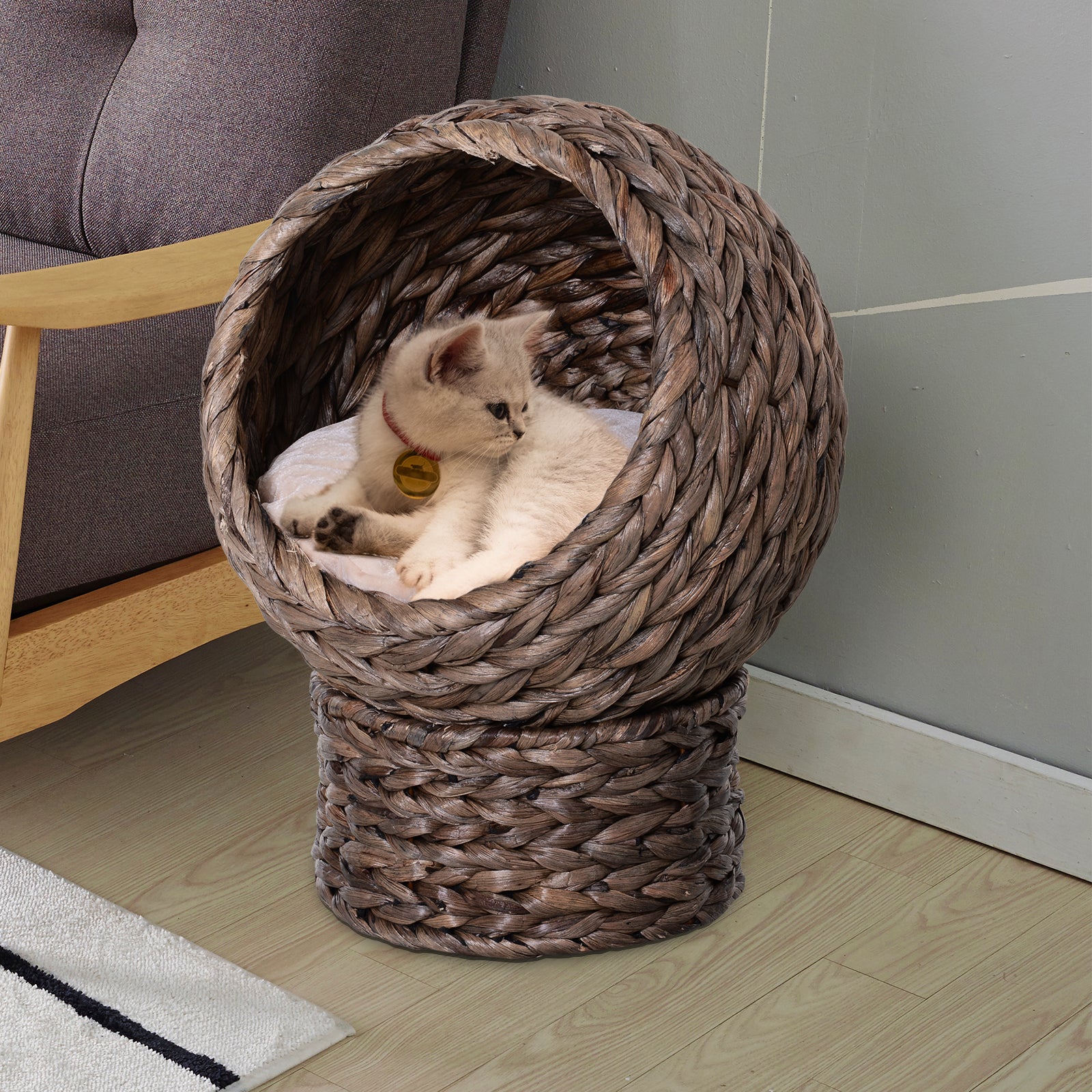 Wicker Cat House, Raised Cat Bed With Cushion, 42 X 33 X 52cm/50 X 42 X 60 Cm | Small | Dark Brown