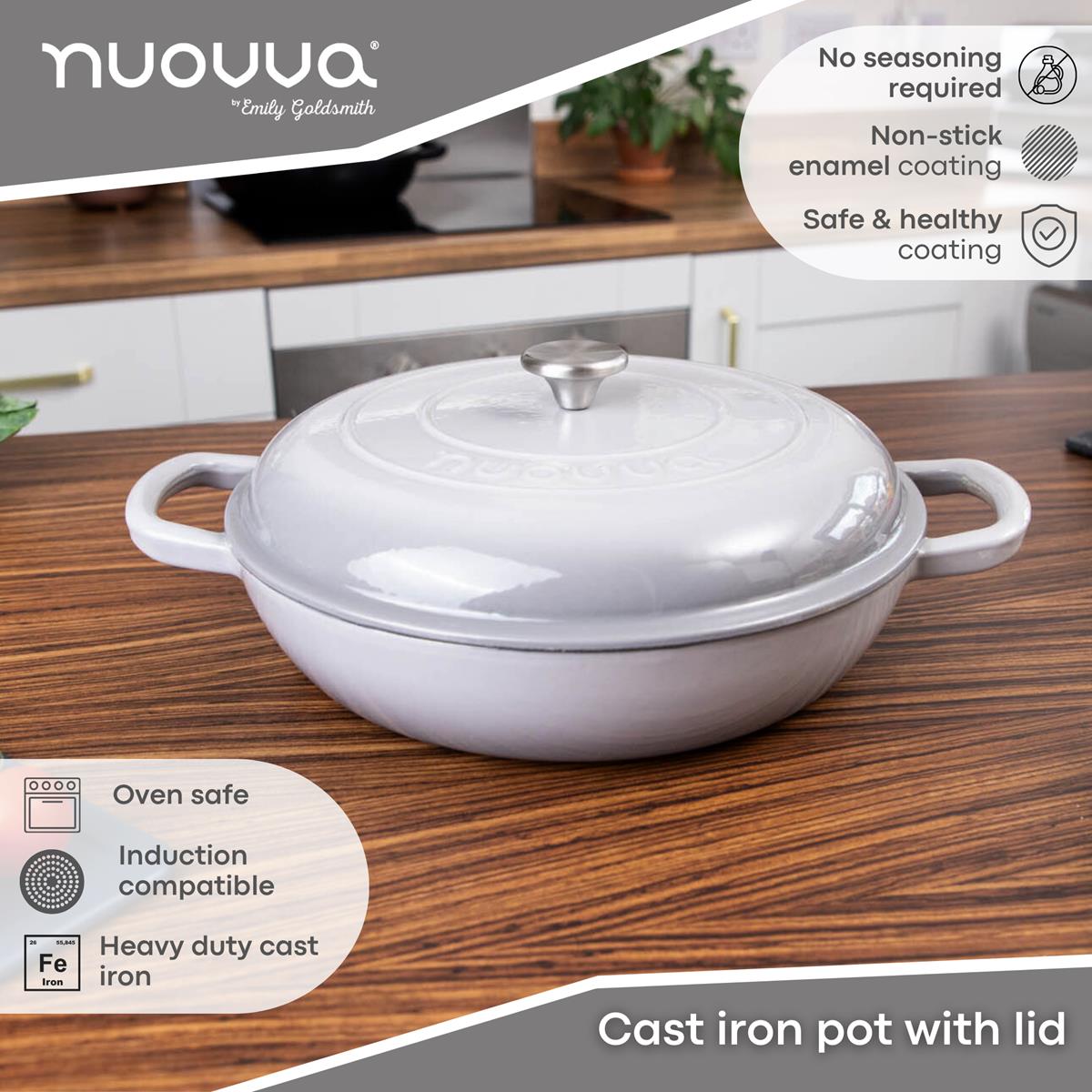 Shallow Cast Iron Casserole Pot With Lid, 5-quart, (32 Cm) | Grey