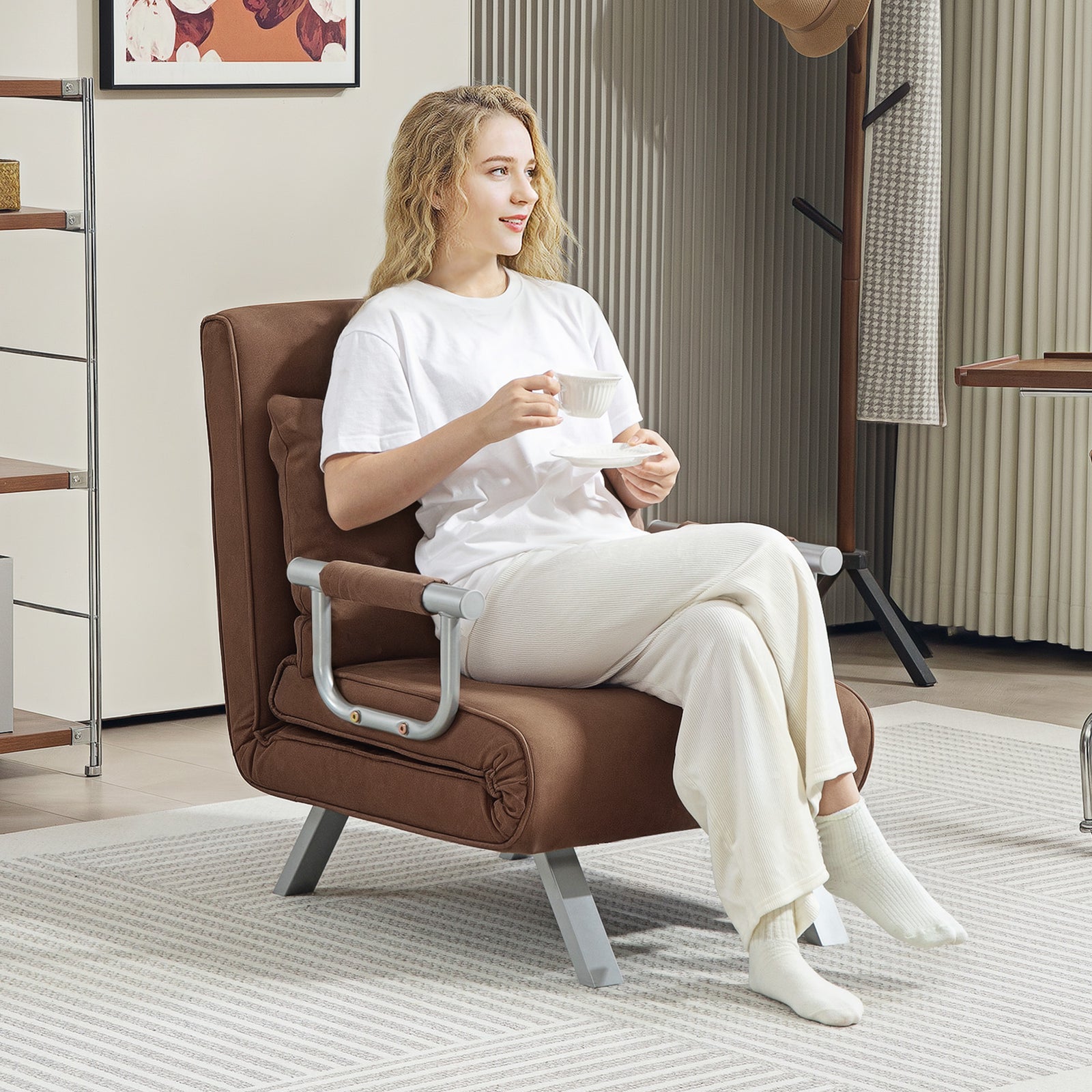 Sofa Bed Foldable Portable Armchair Sleeper With Pillow | One Size | Brown