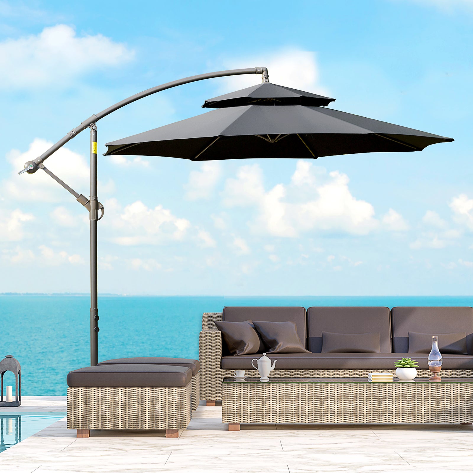 2.7m Cantilever Banana Parasol W/ Double Tier Canopy | Black