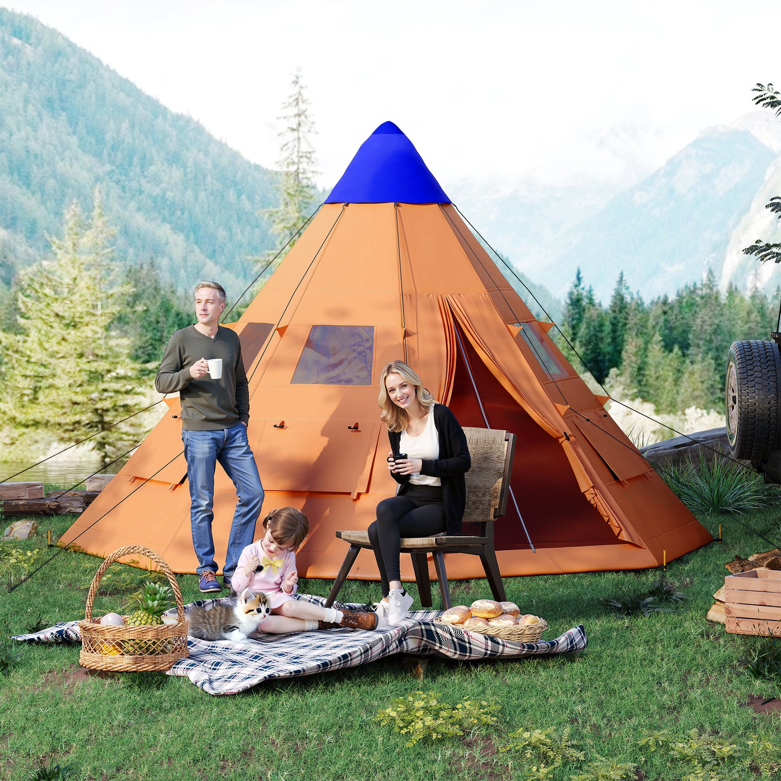 6 Man Tent Metal Poles Water-resistant Walls Windows Door | Orange