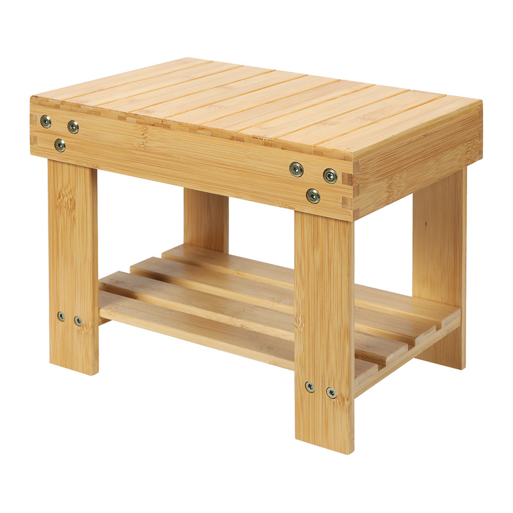 Bamboo Stool Footrest Bathroom 2-tier Shower Stool Bench Shoe Rack Seat | Natural