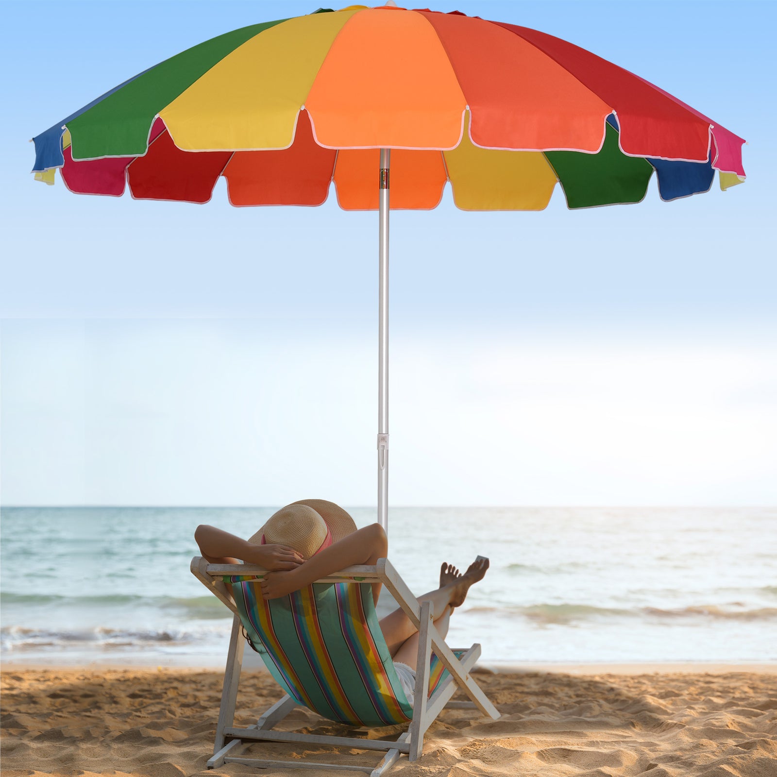 2.4m Beach Umbrella With Sand Anchor - Multicolour
