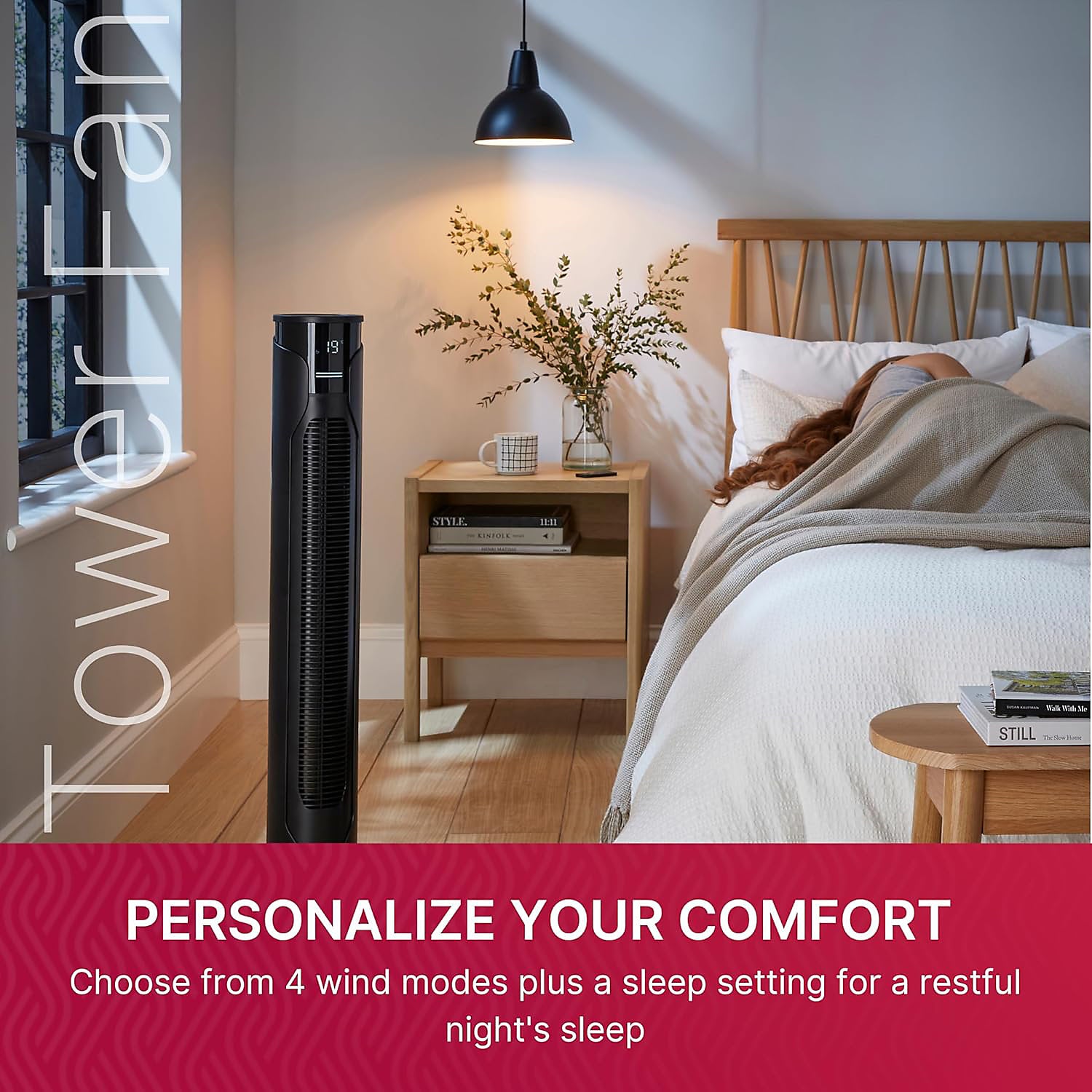 Tower Fan With Remote Control, 3 Speeds + Night Mode, Timer
