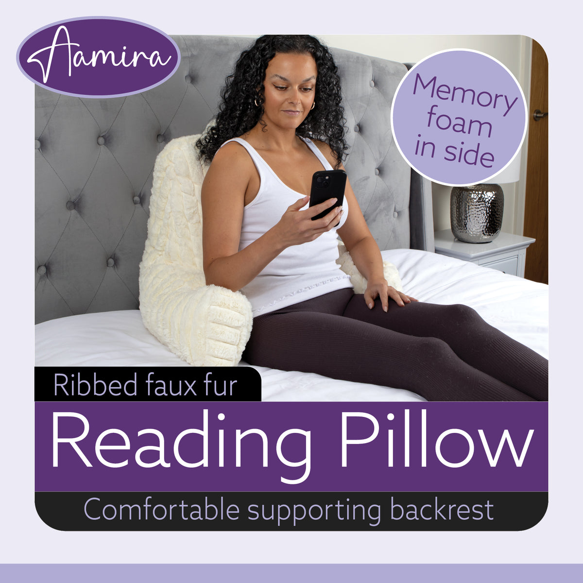 Deluxe Large Reading Pillow, Soft Ribbed Faux Fur, Shredded Memory Foam Cuddle Cuddle Cushion Backrest Arm Support | L | Cream