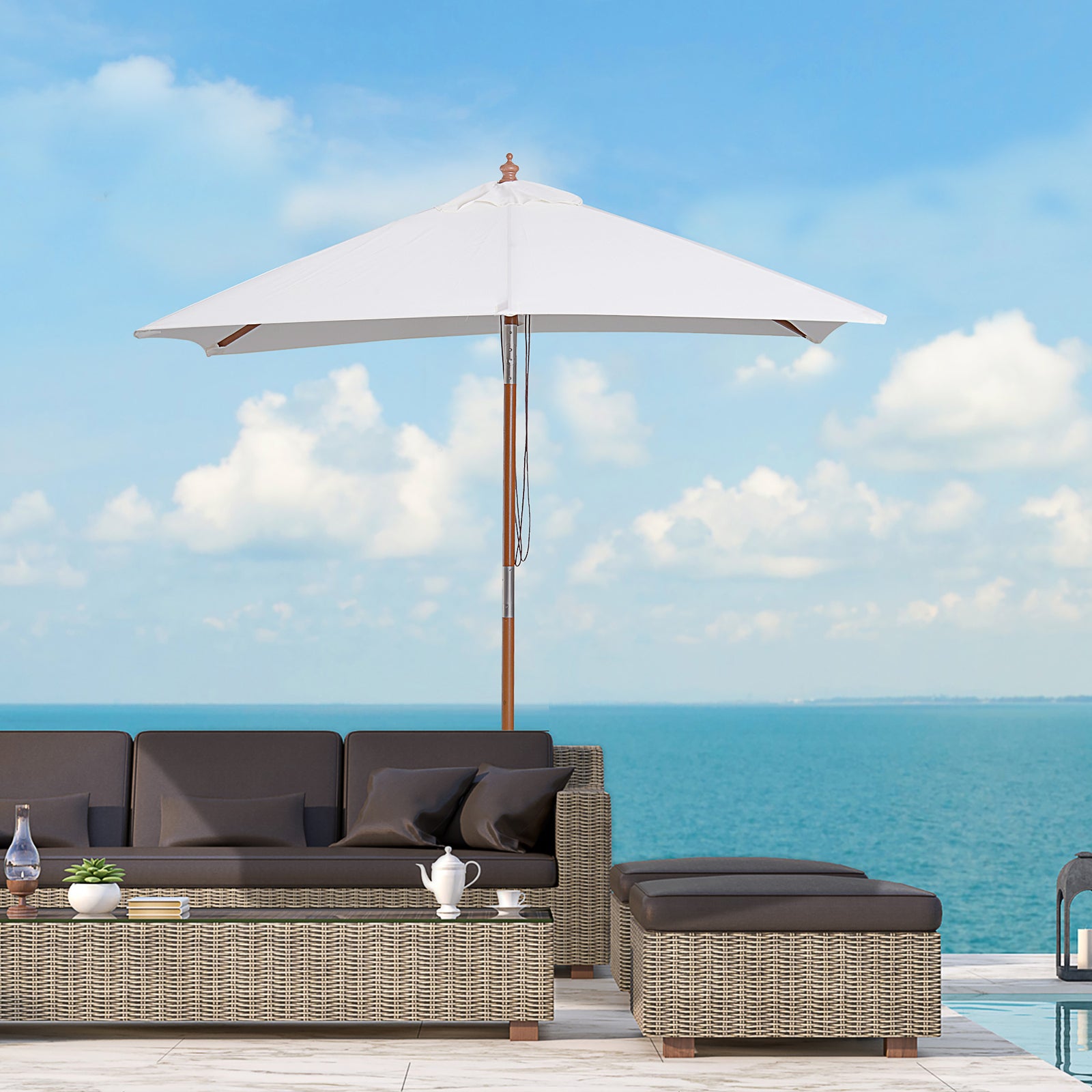 2x1.5m Wooden Patio Umbrella Parasol | Cream
