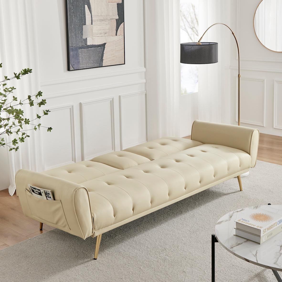 Faux Leather Sofa Bed With Cup Holders - 3 Seater | Cream