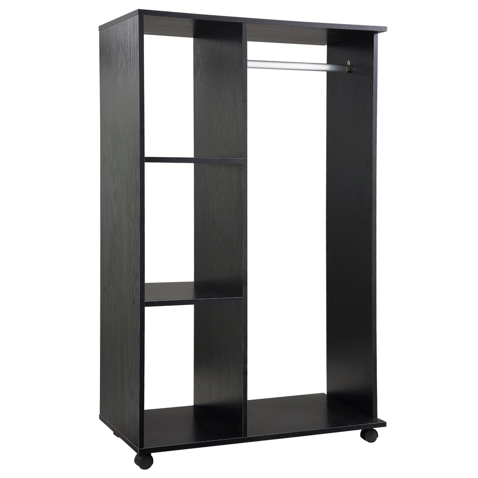 Rolling Open Wardrobe Hanging Rail Storage Shelves Clothes | One Size | Black