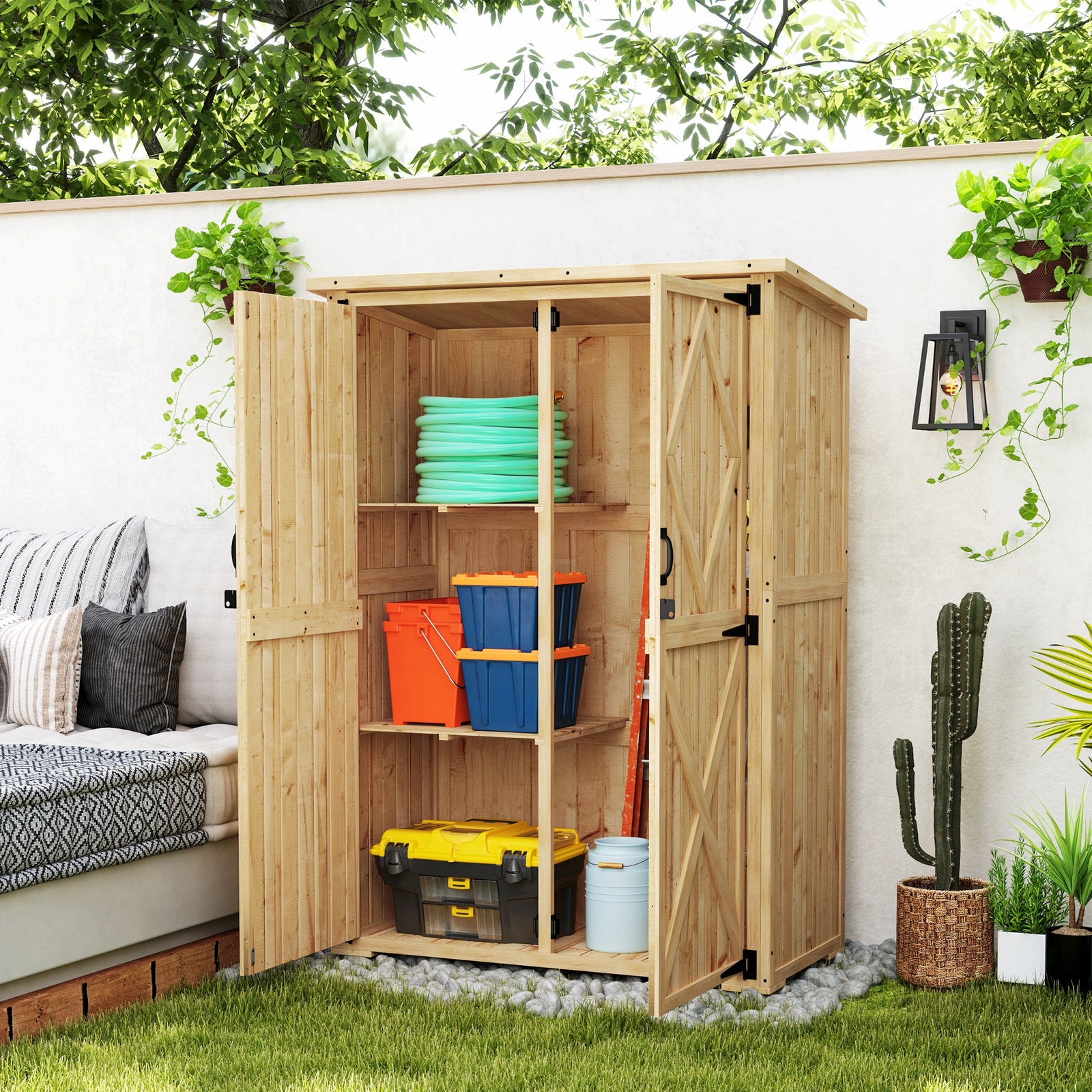 Wooden Tool Storage Cabinet With Double Doors, Natural