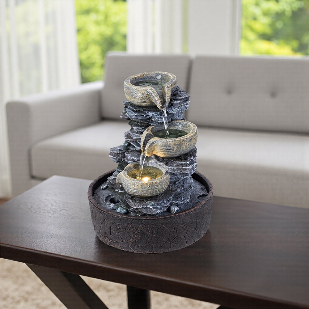 3-tier Cascading Bowls Design Tabletop Waterfall Fountain With Led Lighting