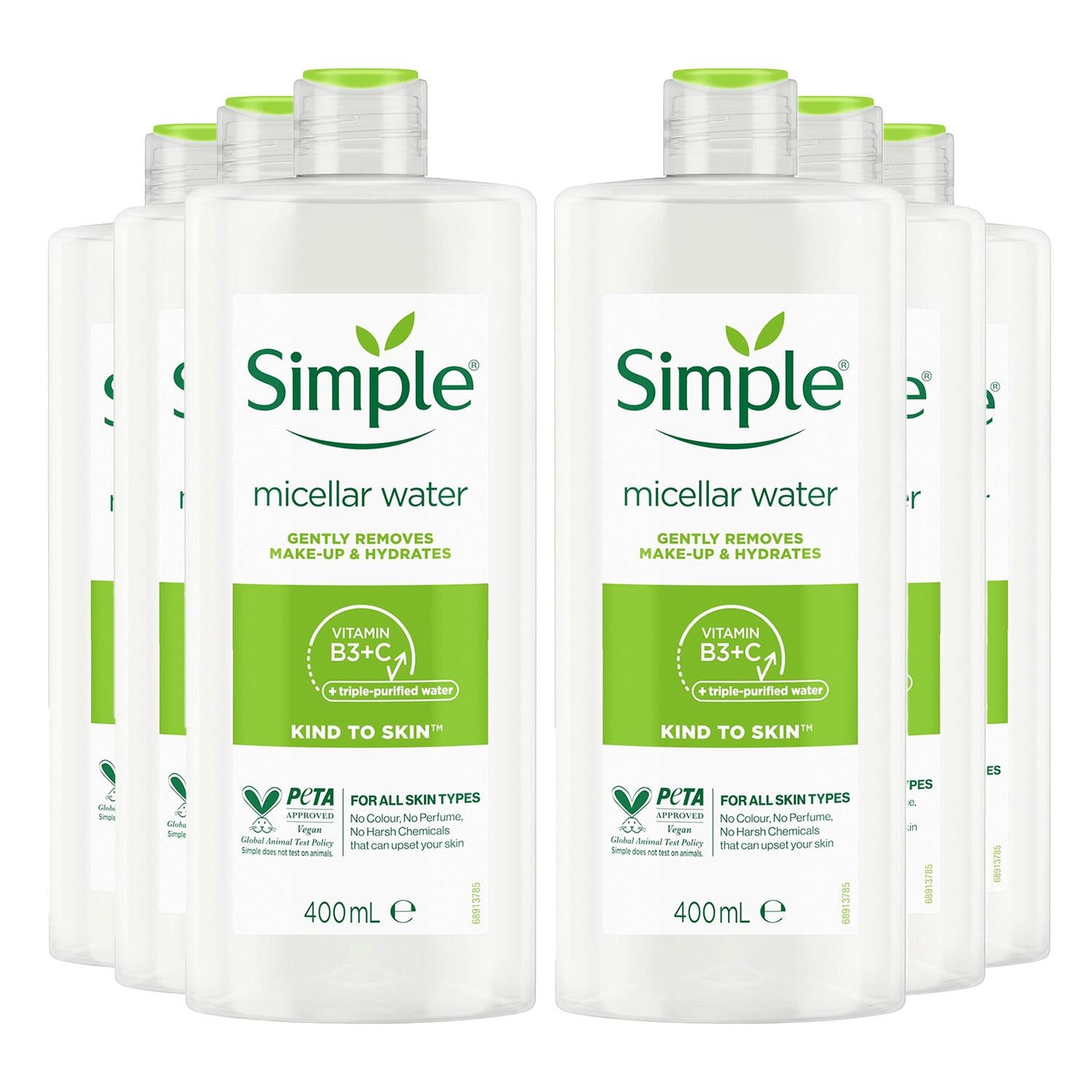 Kind To Skin Make-up Remover Micellar Cleansing Water, 6 Pack, 400ml | Set-of-6 | White
