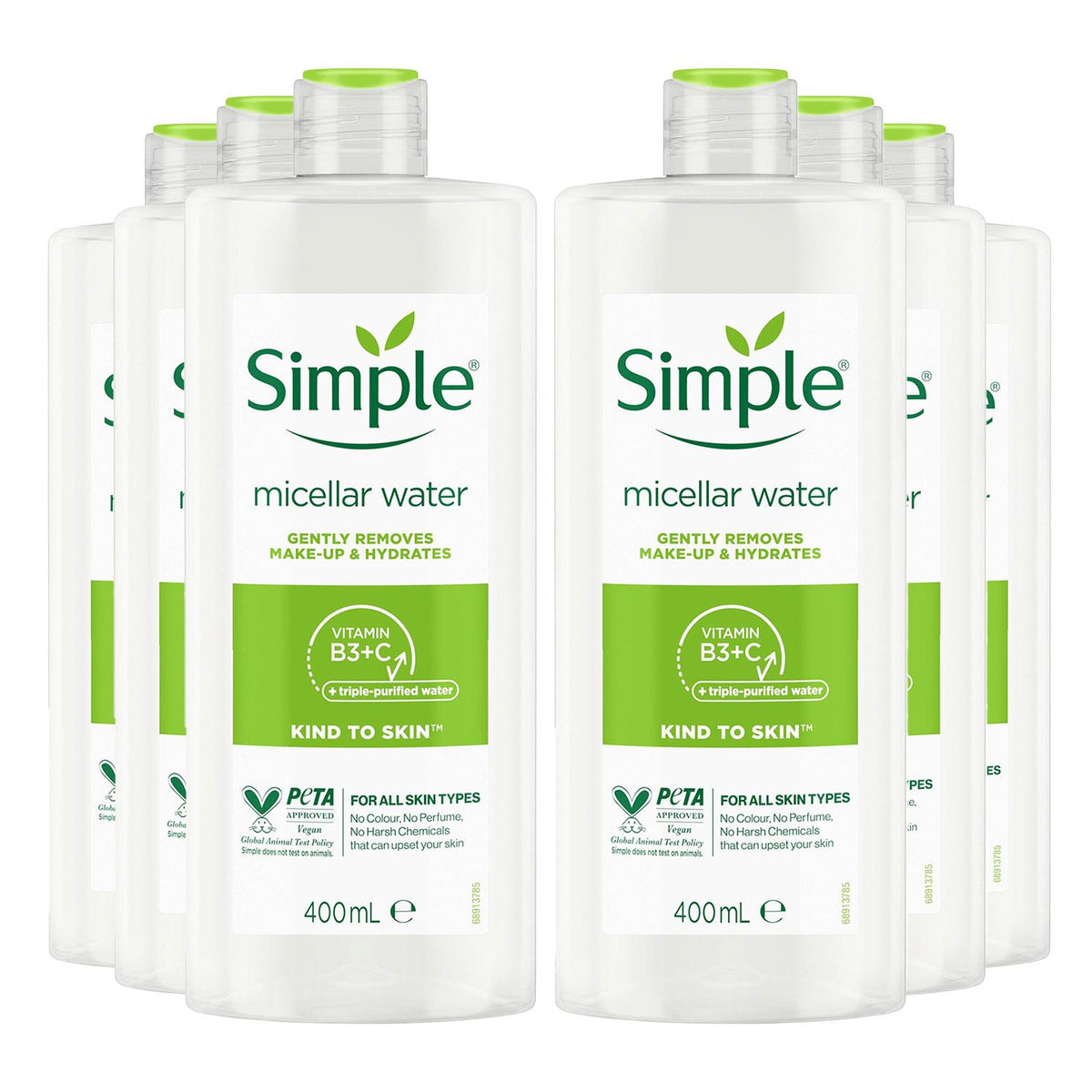 Kind To Skin Make-up Remover Micellar Cleansing Water, 6 Pack, 400ml | Set of 6 | White