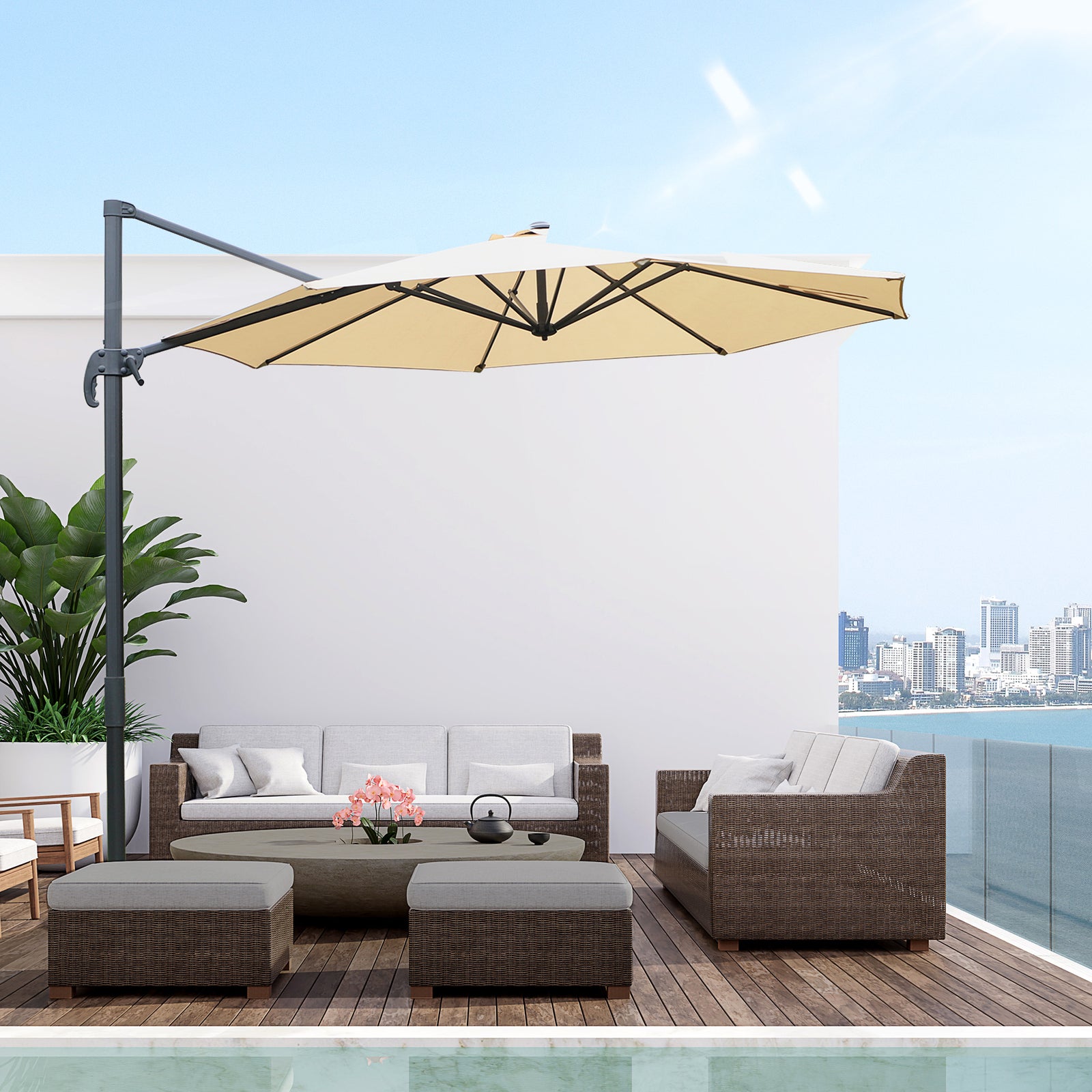 3m Cantilever Parasol W/ 360° Rotation & Base | Beige