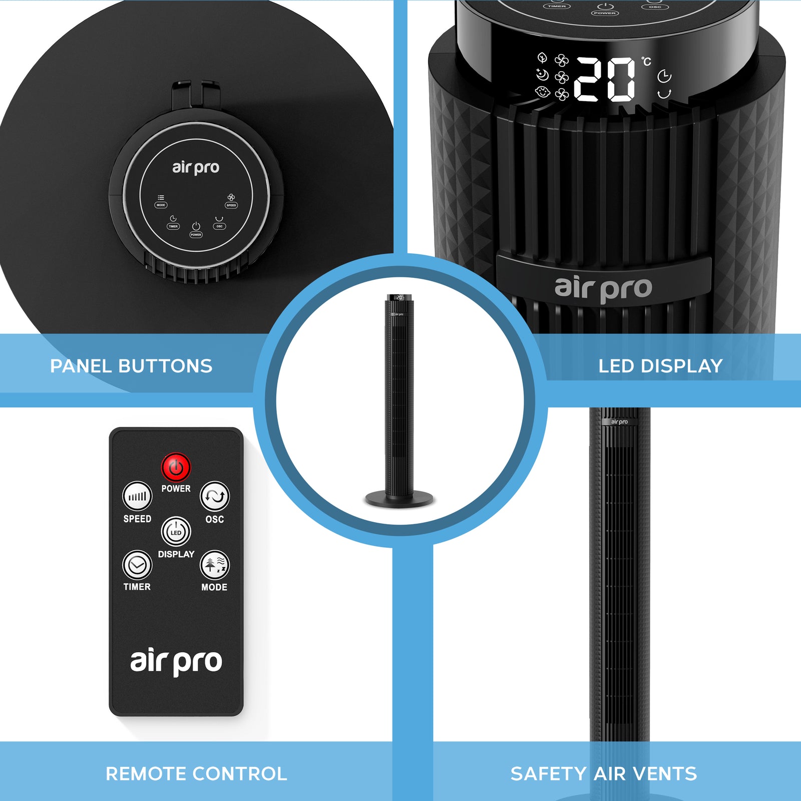 Smart Bladeless 38" Tower Fan 3 Speeds - Remote & Oscillation Feature | Black
