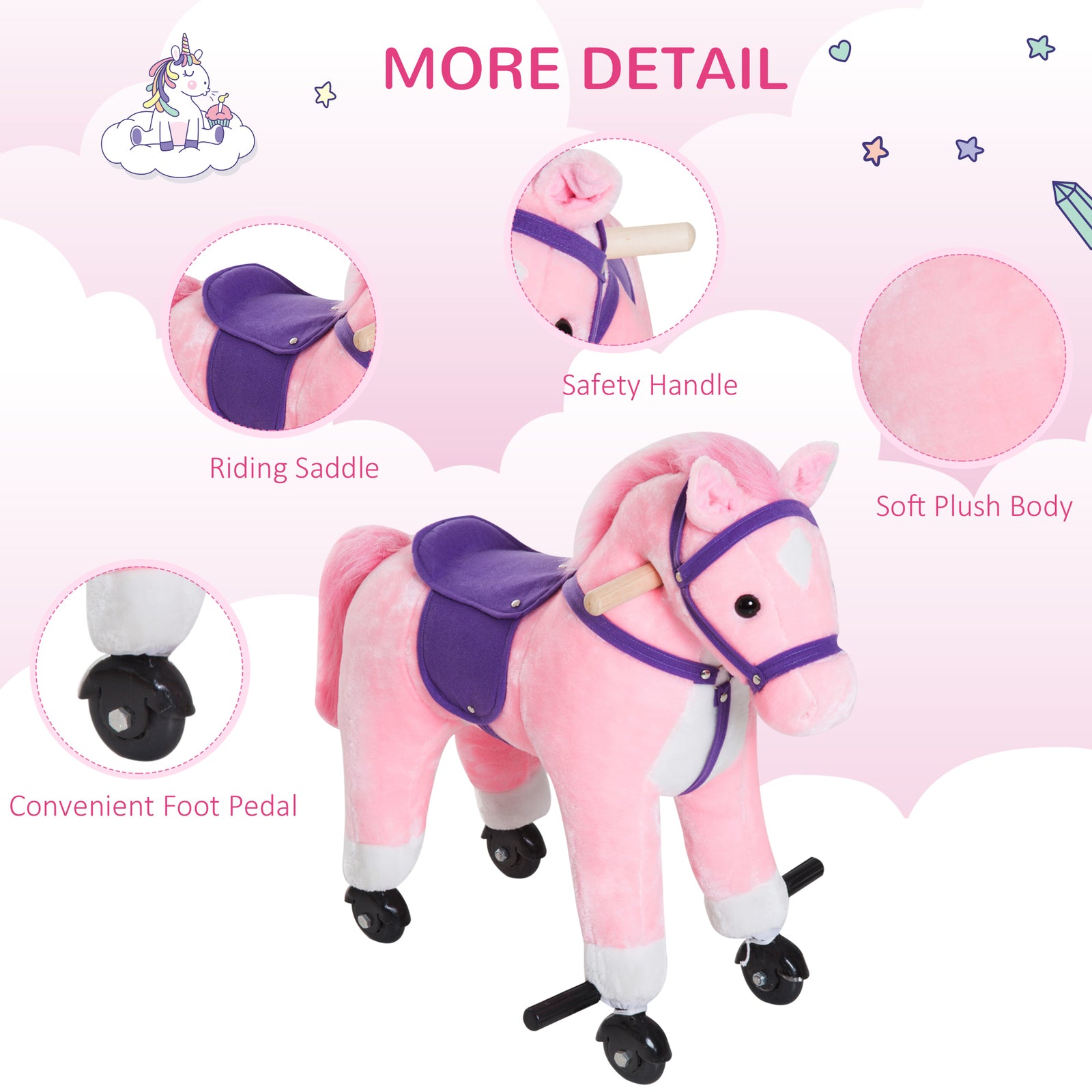Rocking Horse Ride On Rocker Children Plush Toy Wooden Horse Sound | Pink