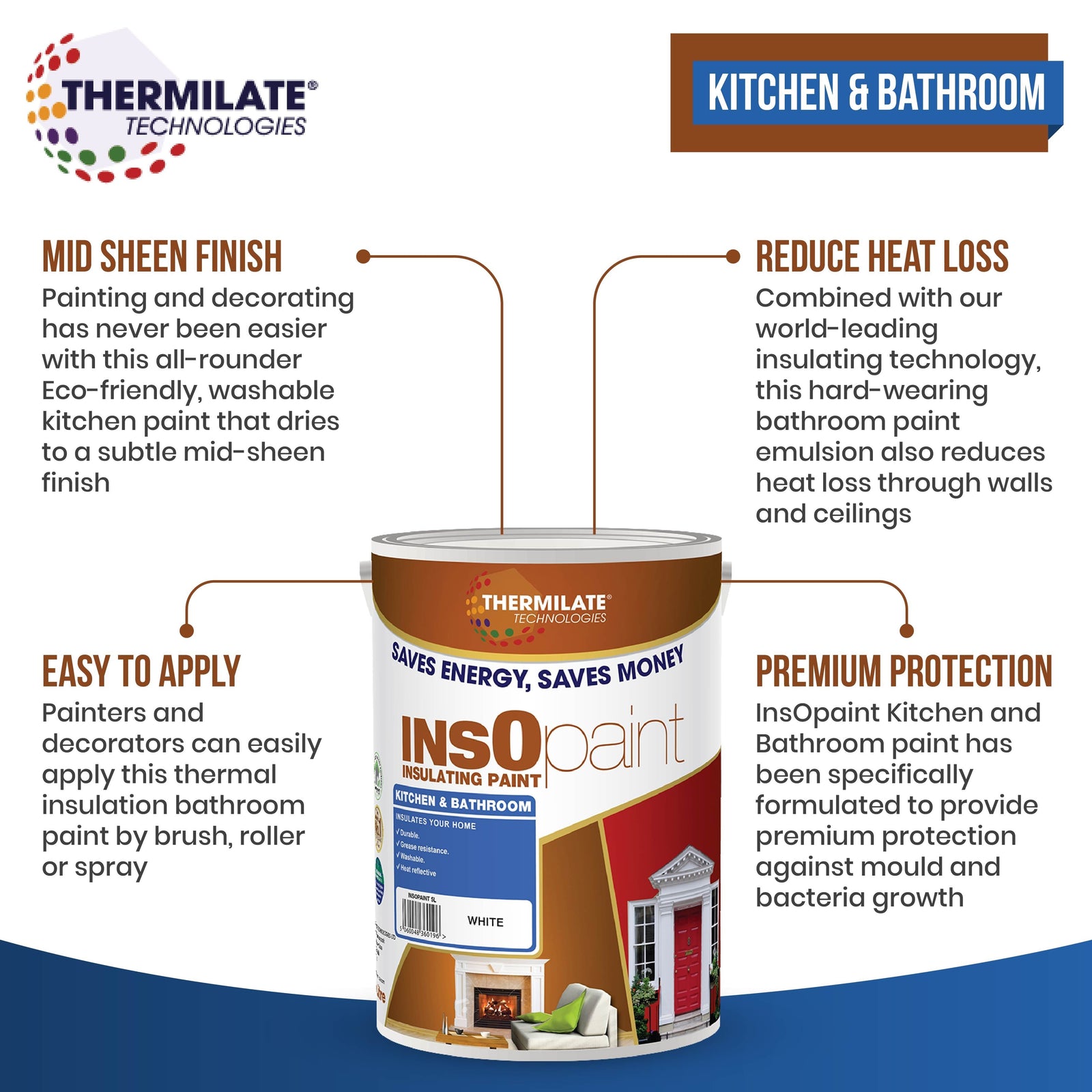 Insopaint Kitchen & Bathroom Paint - Best Anti-mould Protection, Insulating Walls & Ceilings | 5l | Ultra White