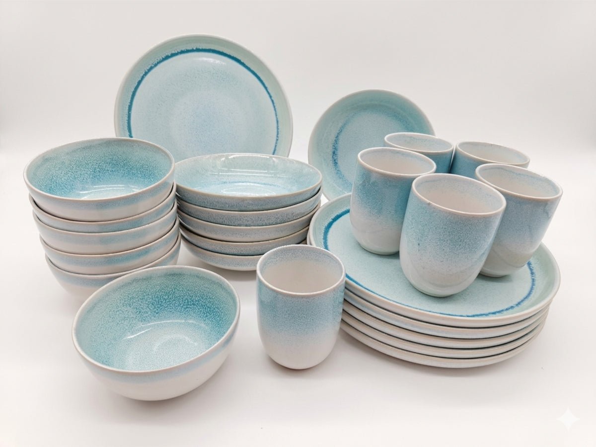 Reactive Blue Glaze Dinner Set Plates Bowls Cups | Set of 24 | Blue