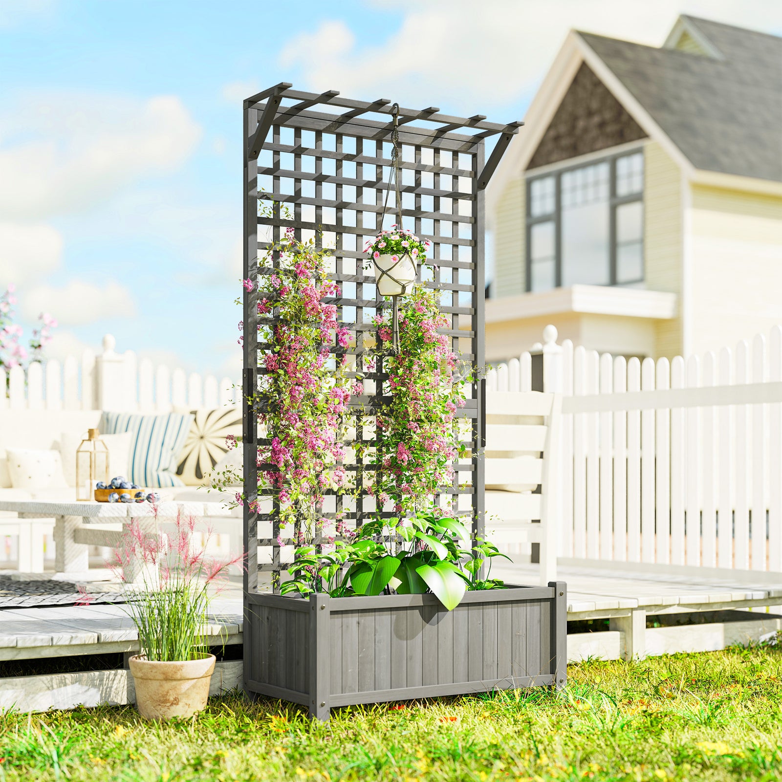 Wood Planter With Trellis For Climbing Plants Planter Box | Dark Grey