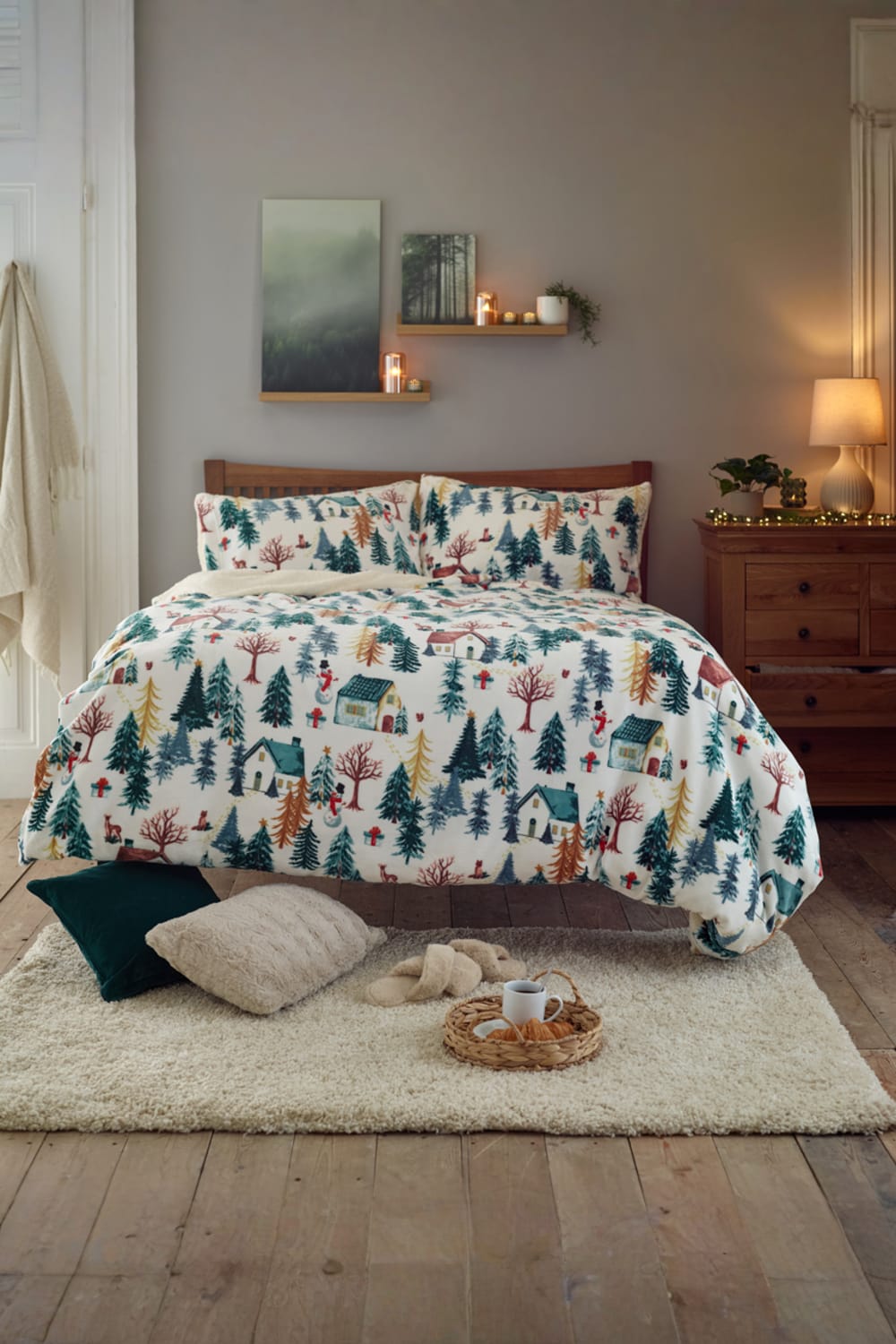Winter Walk Fleece Duvet Cover Set With Sherpa Reverse – Cosy Cabin Bedding | Single | Multi